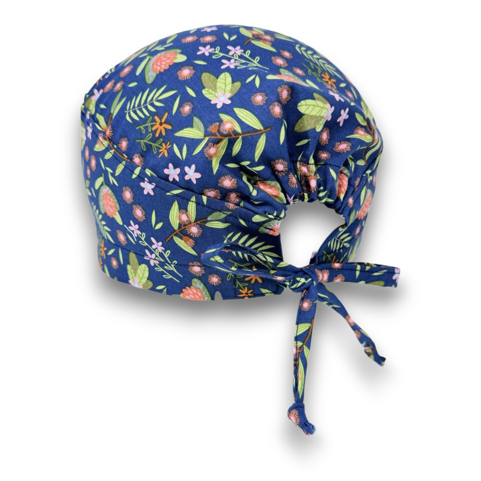 Floral Skull tie-back style surgical scrub cap by Paradise Caps. Navy