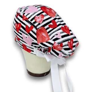 Valentine's day Euro scrub cap with ties for Women, Love Stripes European Surgical cap with Satin Lined by Paradise Caps.