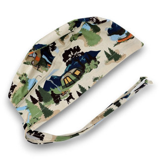 Camping Skull tie-back style surgical scrub cap for men by Paradise Caps.