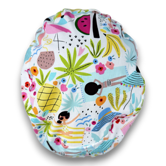 Summer Vibes Euro scrub cap for women, Tropical Print European surgical hat with satin lined by Paradise Caps.