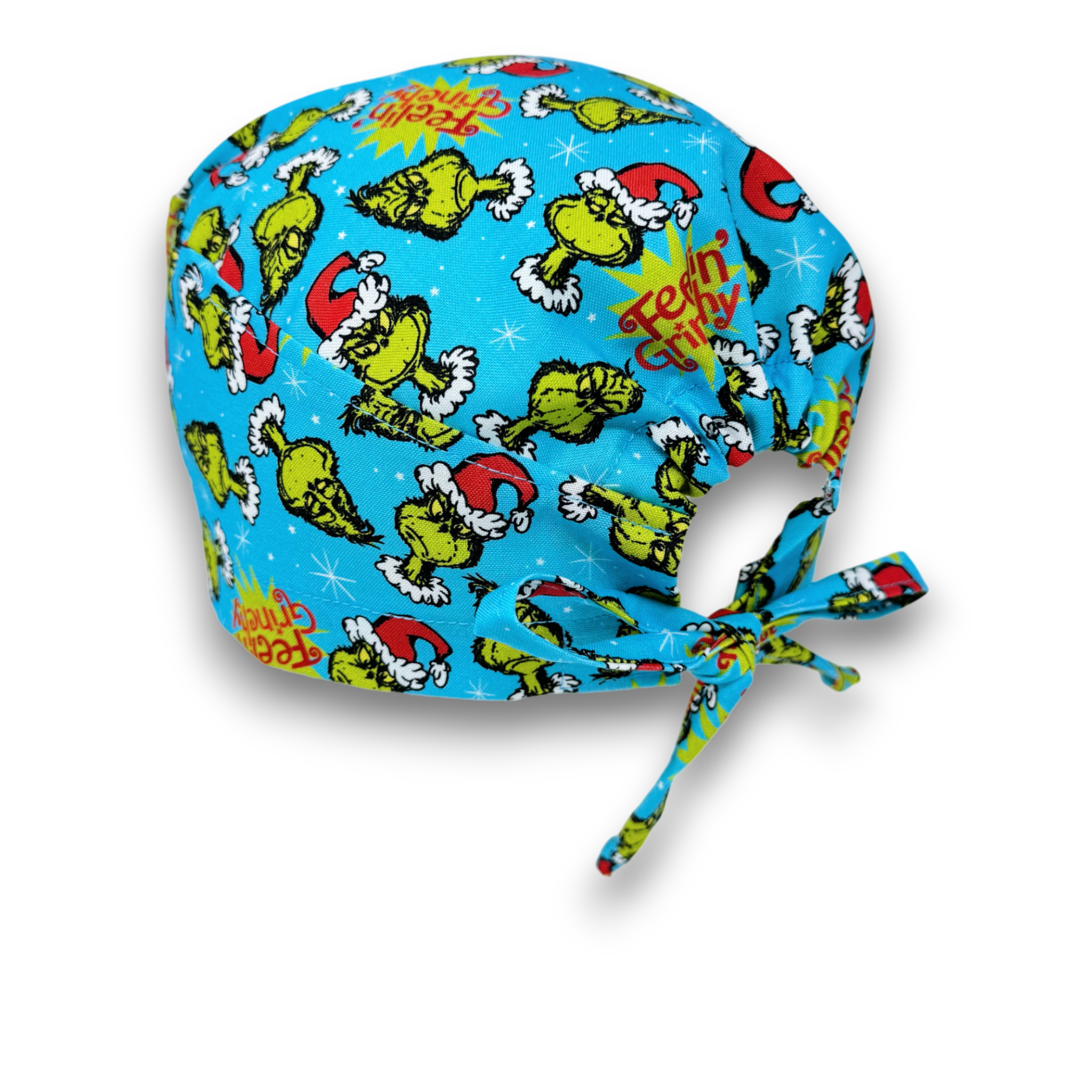 Christmas Surgical cap for men. Green skull tie-back style scrub hat. Winter surgical cap with satin lined option by Paradise Caps.