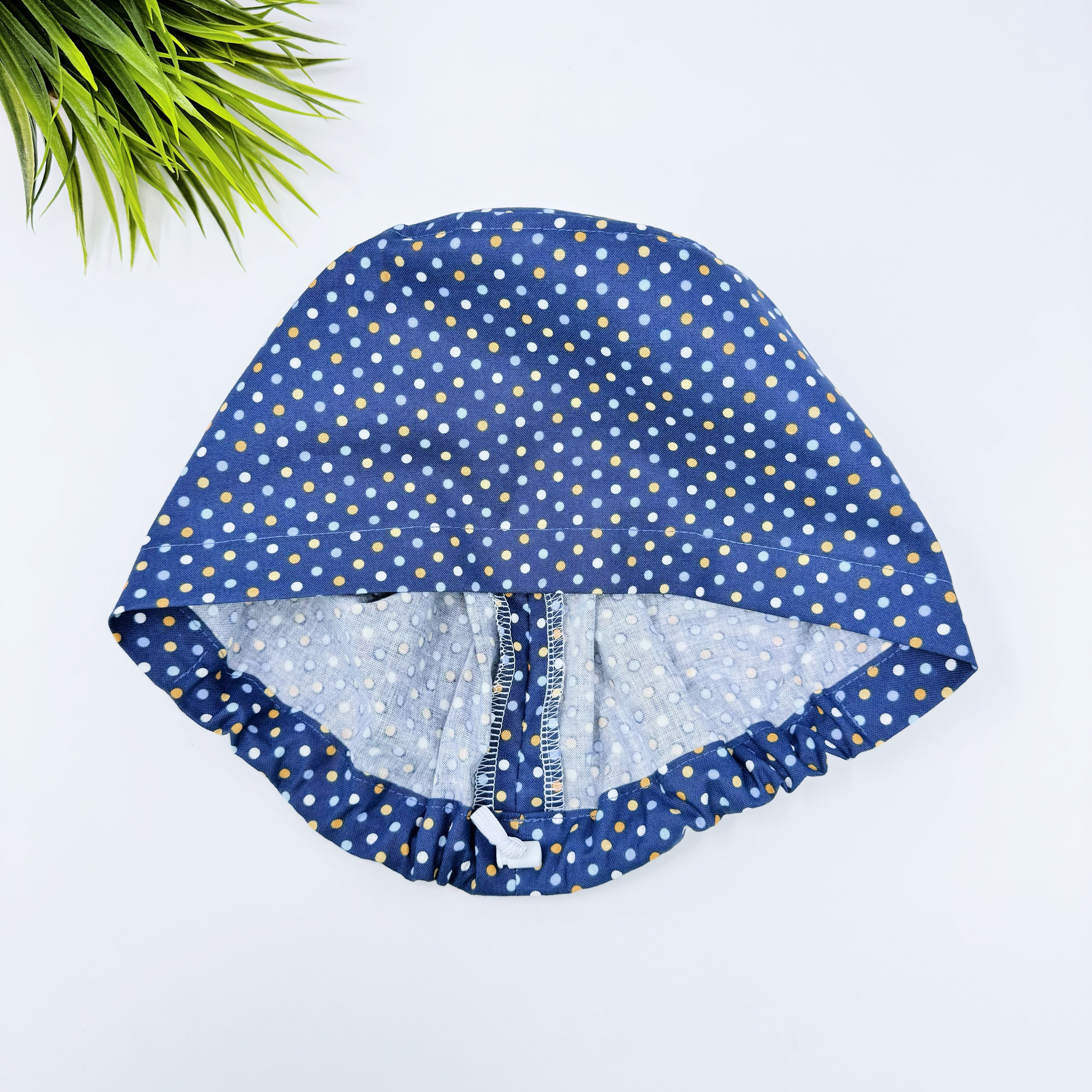 Navy Polka Dot Euro Scrub Cap for Women with Satin Lined Option by Paradise Caps.