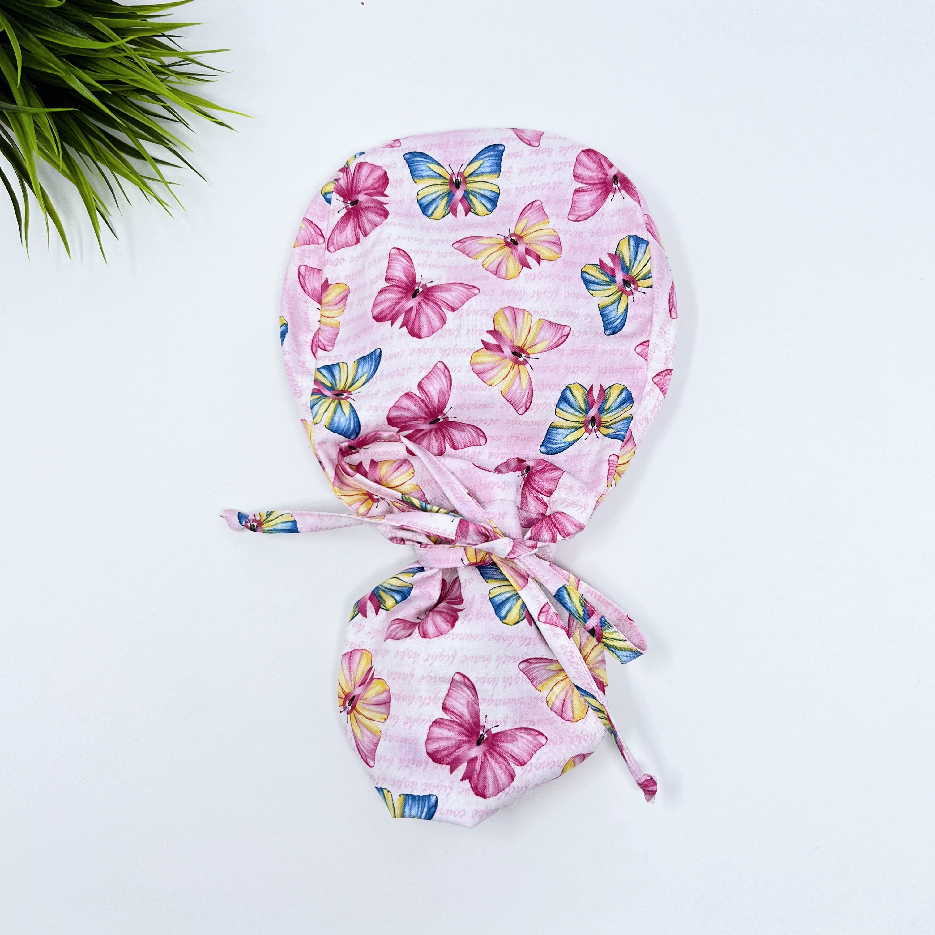 Butterflies Ponytail scrub cap for women with satin lined option by Paradise Caps.