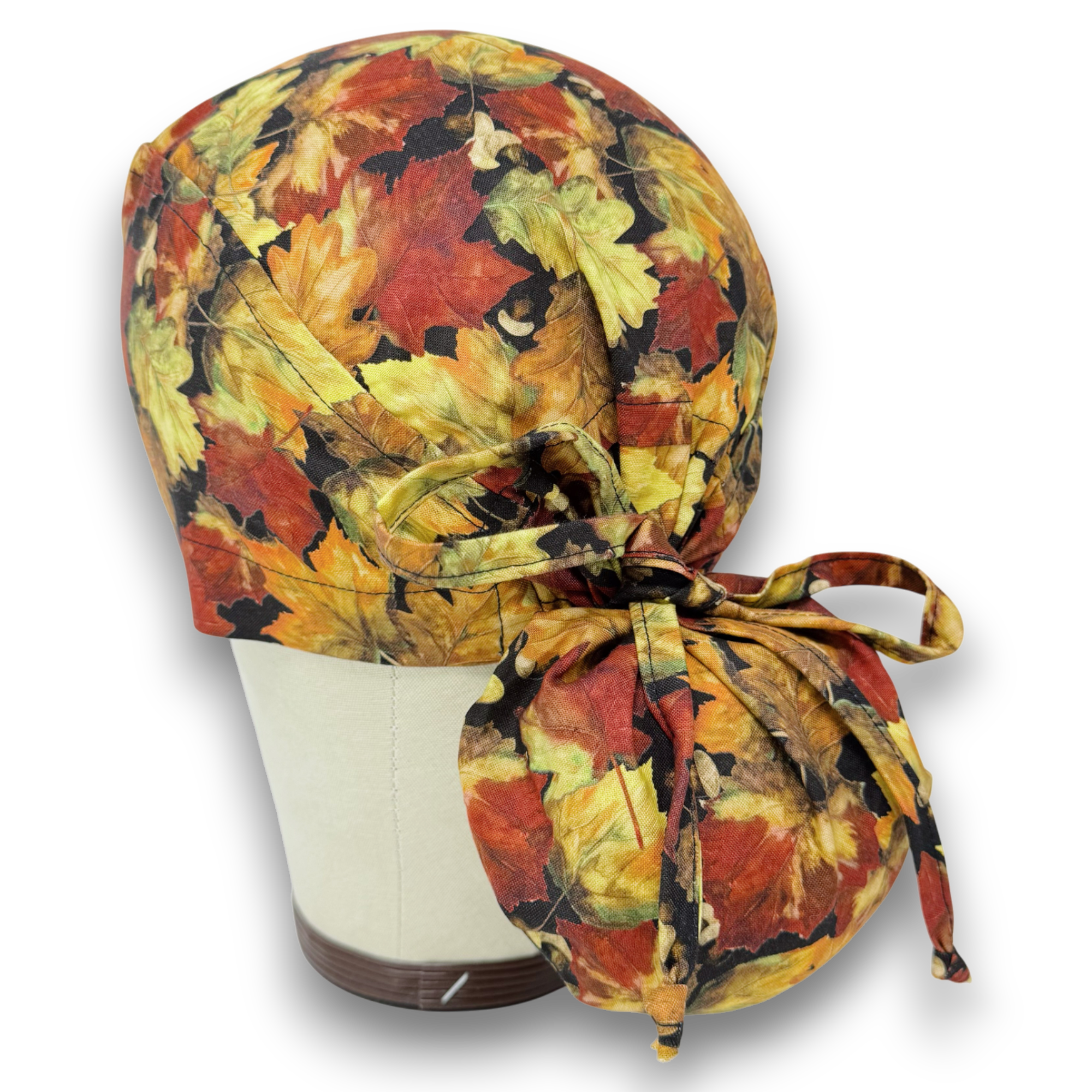 Fall leaves Ponytail scrub cap for women with satin lined option by Paradise Caps.