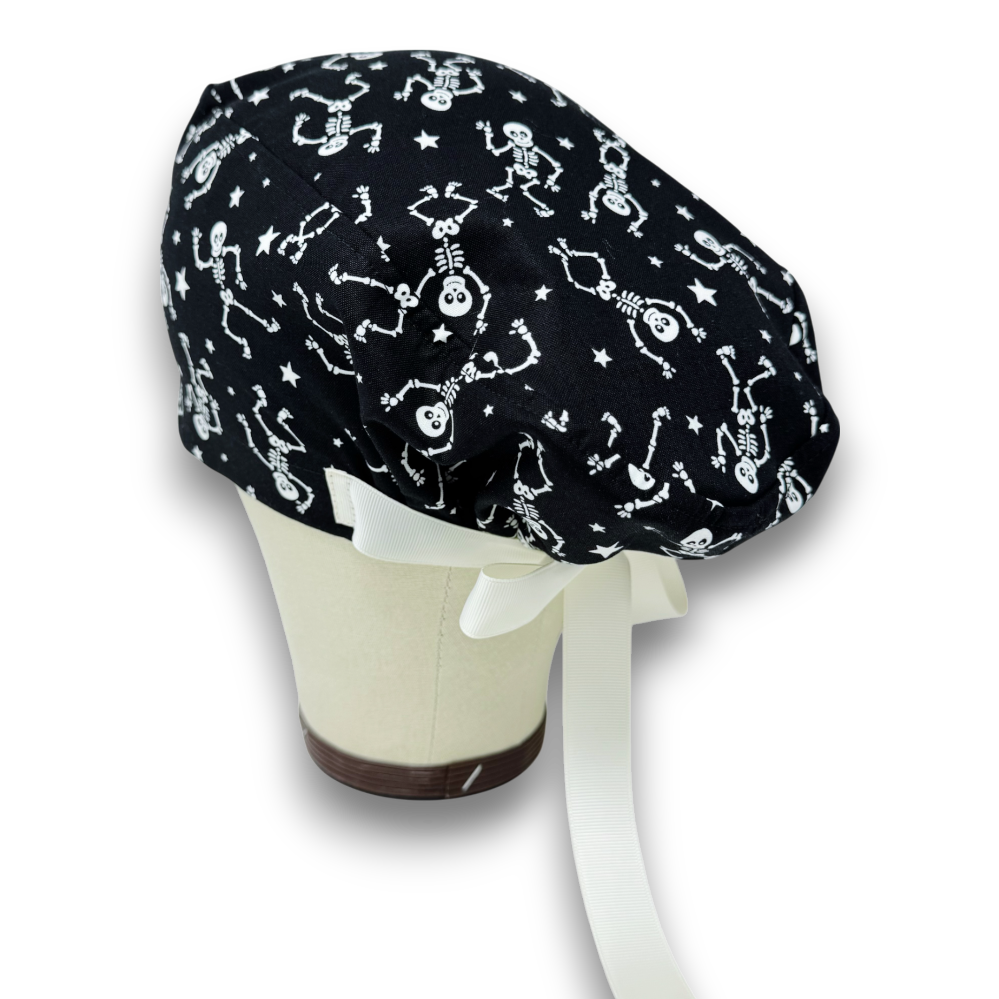 Glow Halloween Euro scrub cap with ties for Women, Skeleton European Surgical cap with Satin Lined Option by Paradise Caps. Euro PLUS style.