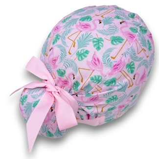 Euro scrub cap with ties for Women. Flamingo European Surgical hat with Satin Lined Option by Paradise Caps. Euro PLUS style.