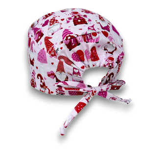 Men's surgical scrub cap. Valentine's day gnomes skull tie-back style scrub hat by Paradise Caps.