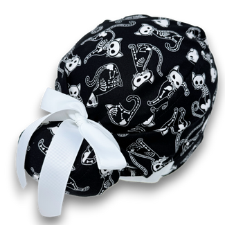Skeleton Cats Euro scrub cap with ties for Women by Paradise Caps. Euro PLUS style.