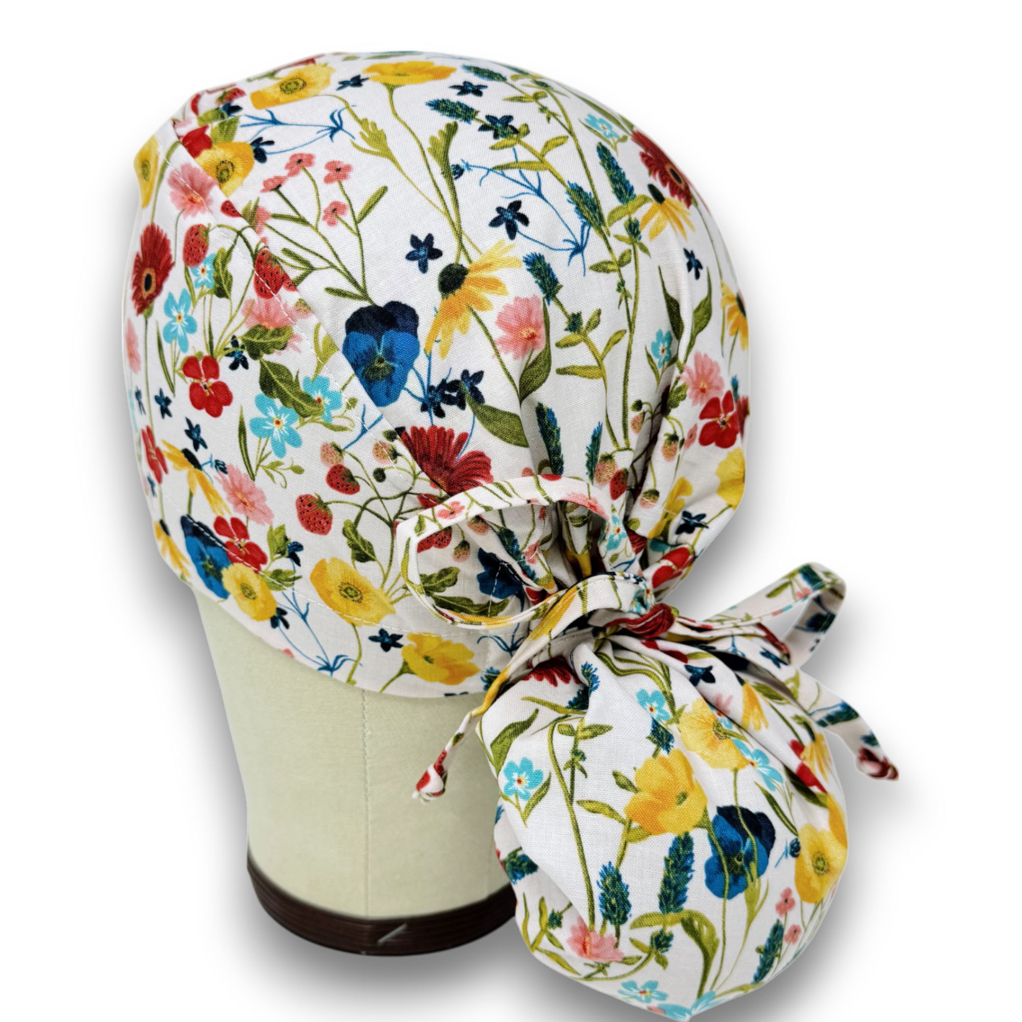 Red flower Ponytail scrub cap for women with satin lined option by Paradise Caps.