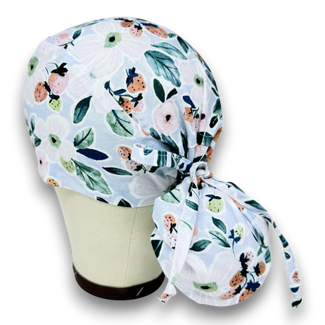 Ponytail scrub cap for women by Paradise Caps. Strawberry Bloom, Satin Lined option Surgical cap with ponytail.