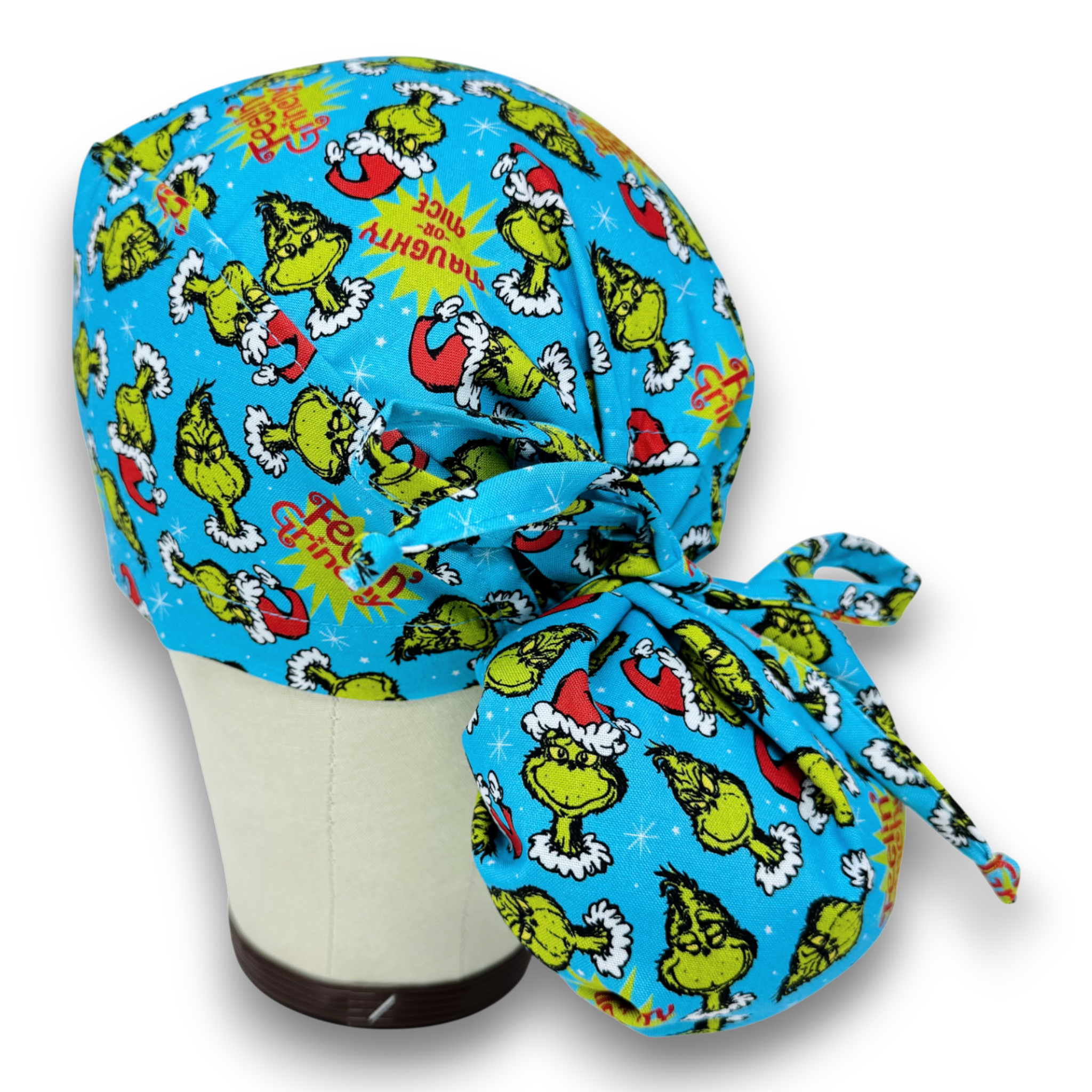 Christmas Ponytail scrub cap with Satin Lined. Surgical scrub hats for women by Paradise Caps.