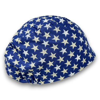 July 4th Euro scrub cap for women. Navy Blue Star surgical cap satin lined option by Paradise Caps.