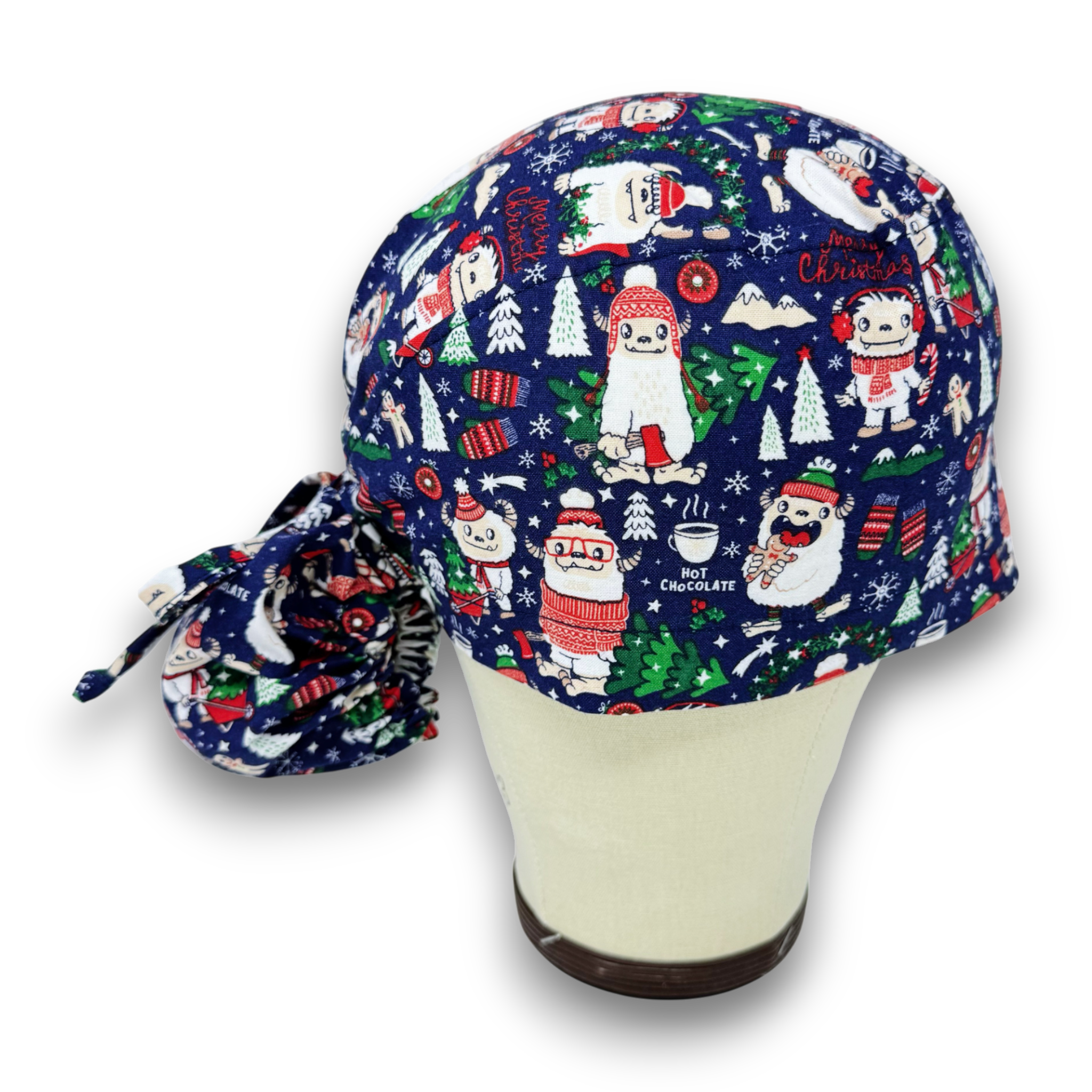 Yeti Ponytail scrub cap with Satin Lined. Christmas surgical scrub hats for women by Paradise Caps.