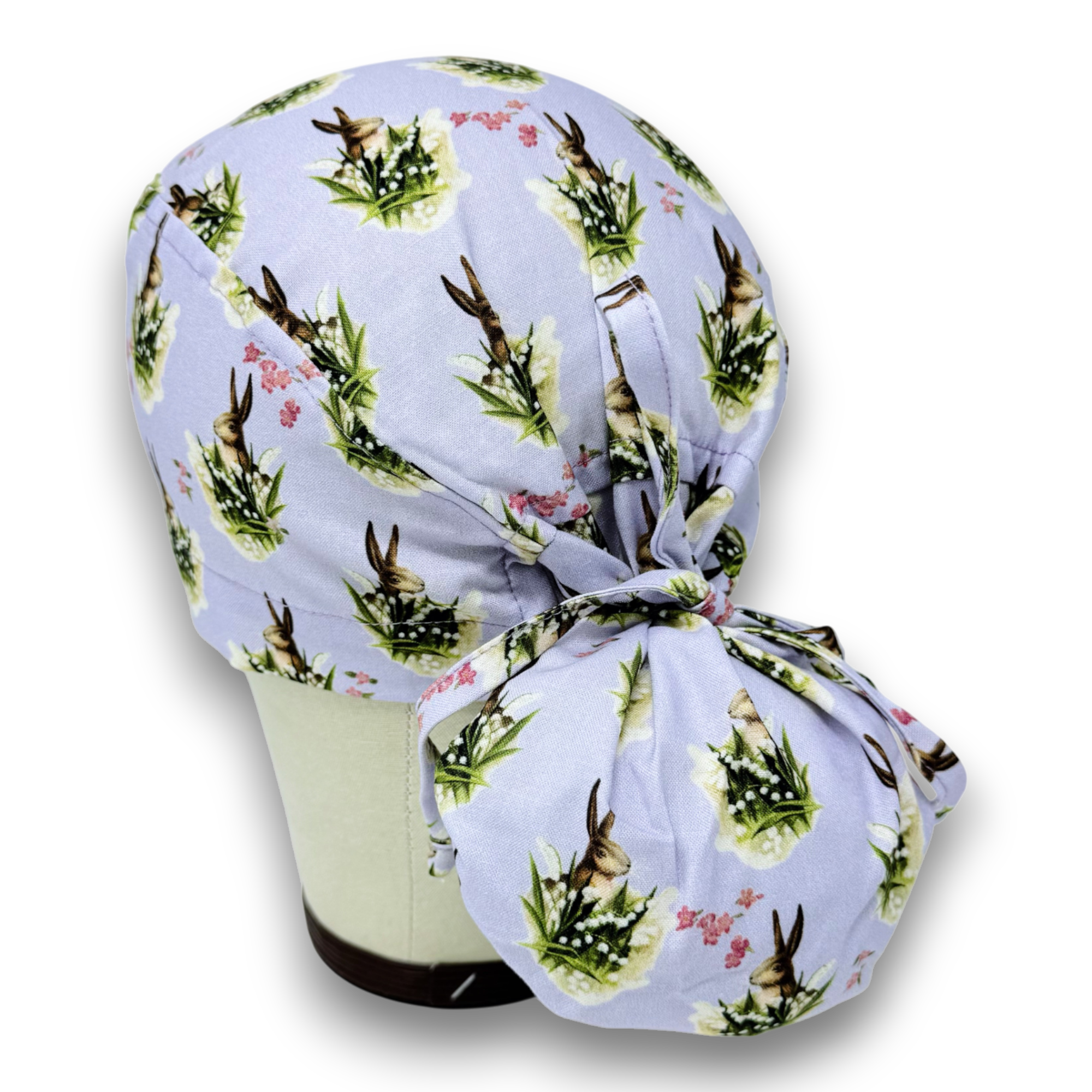 Easter Ponytail Scrub Cap for Women, Bunnies - Lilac Surgical cap with ponytail. Satin Lined Option