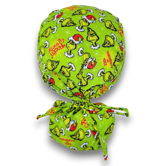 Christmas Ponytail scrub cap with Satin Lined. Green surgical scrub hats for women by Paradise Caps.