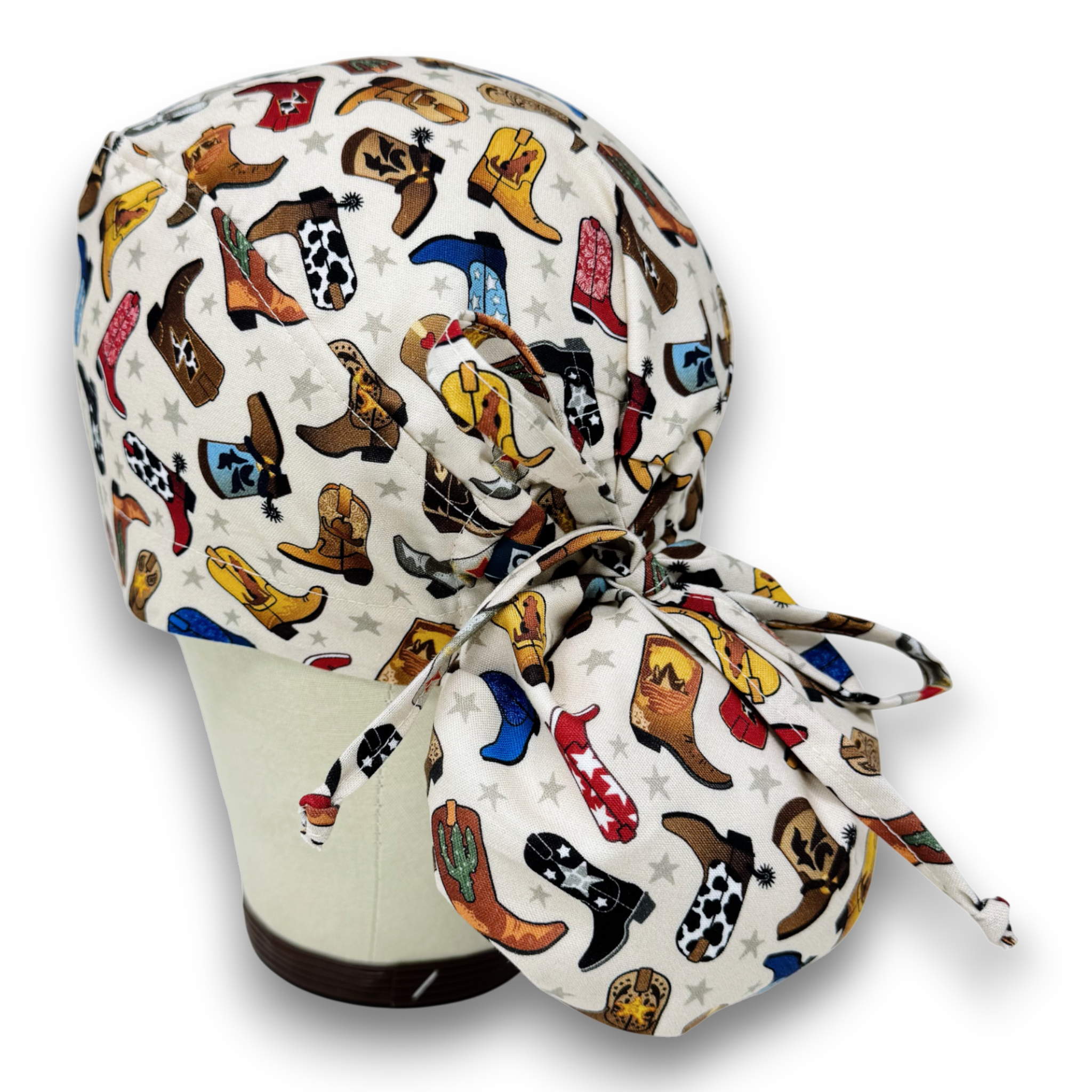 Cowboy Boots Ponytail scrub cap for women with satin lined option by Paradise Caps.