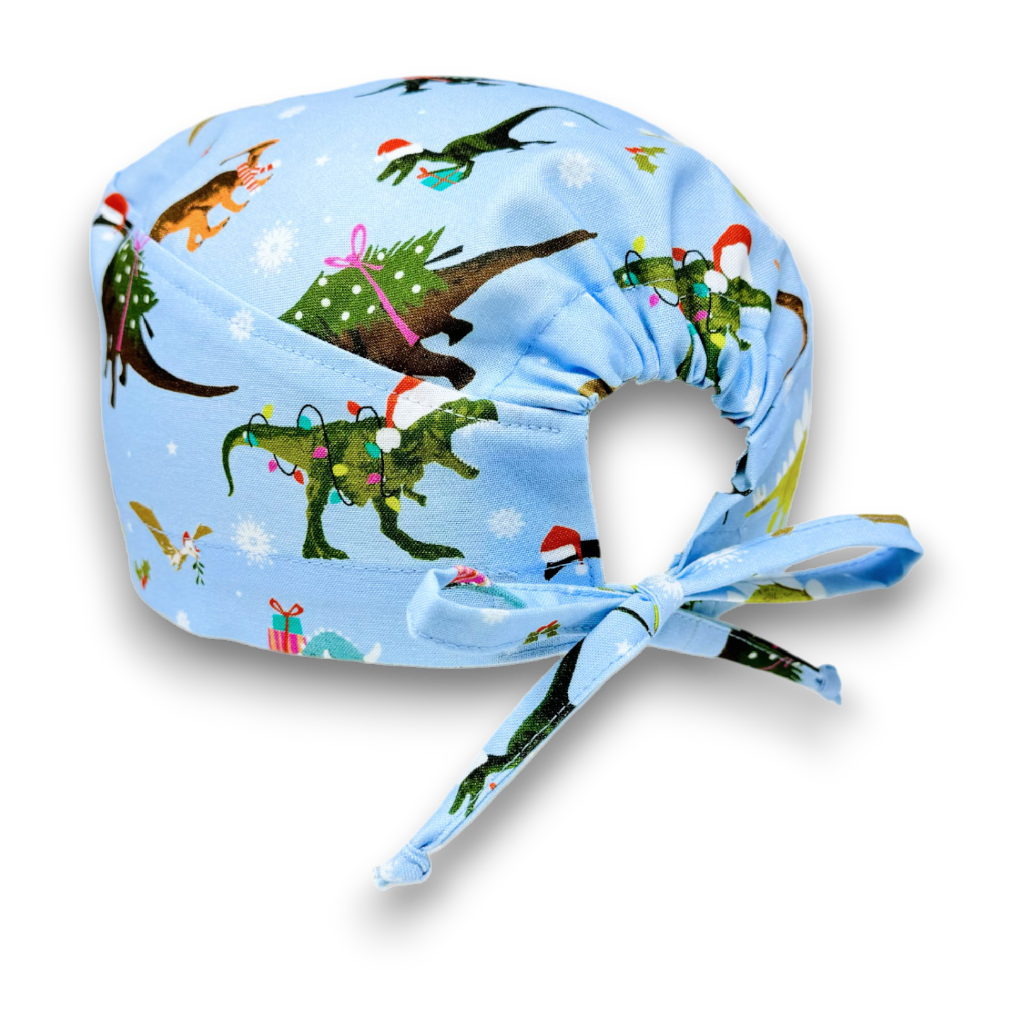Christmas Dino Skull tie-back style surgical scrub cap by Paradise Caps.