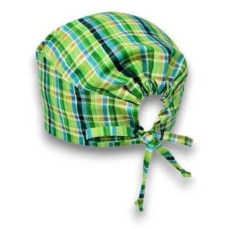 Green plaid Skull tie-back style surgical scrub cap for men by Paradise Caps.