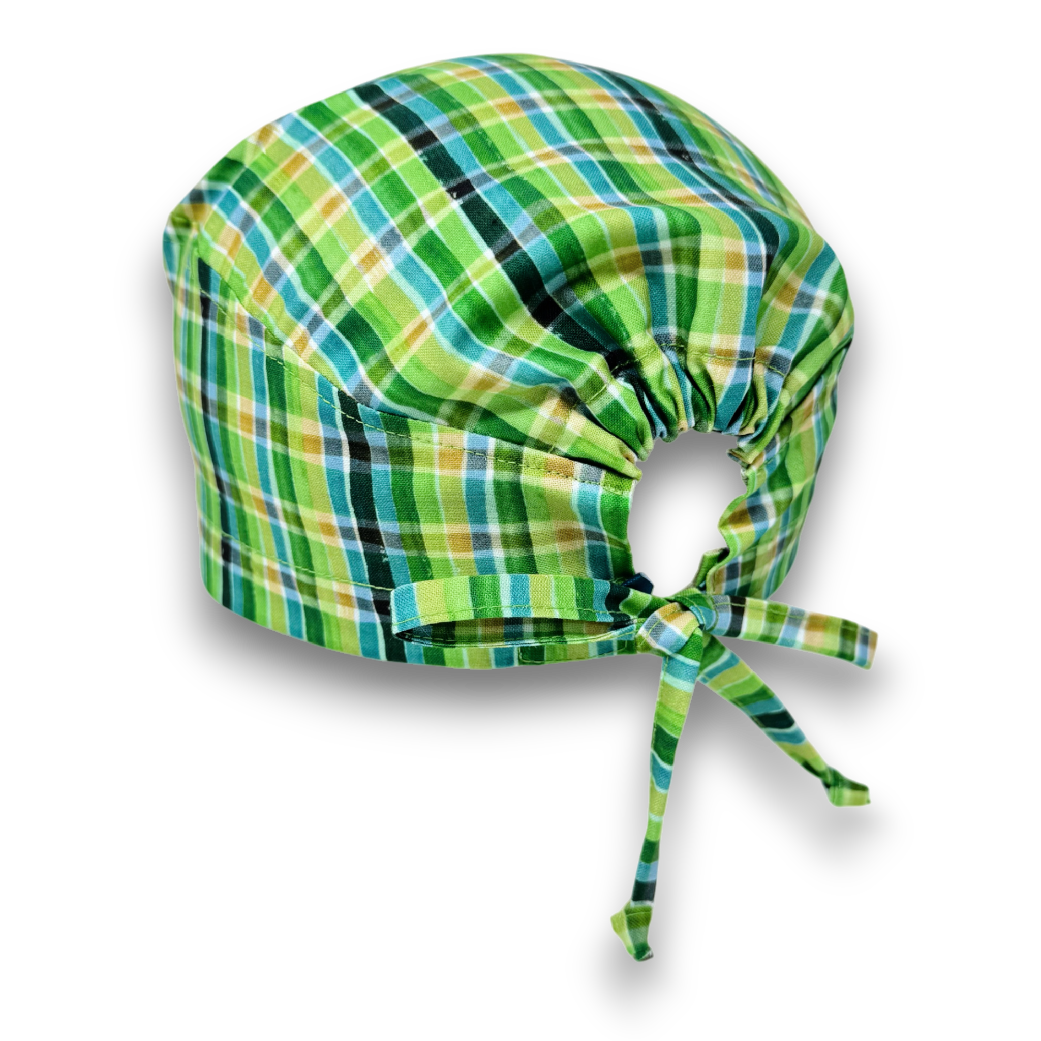 Green plaid Skull tie-back style surgical scrub cap for men by Paradise Caps.