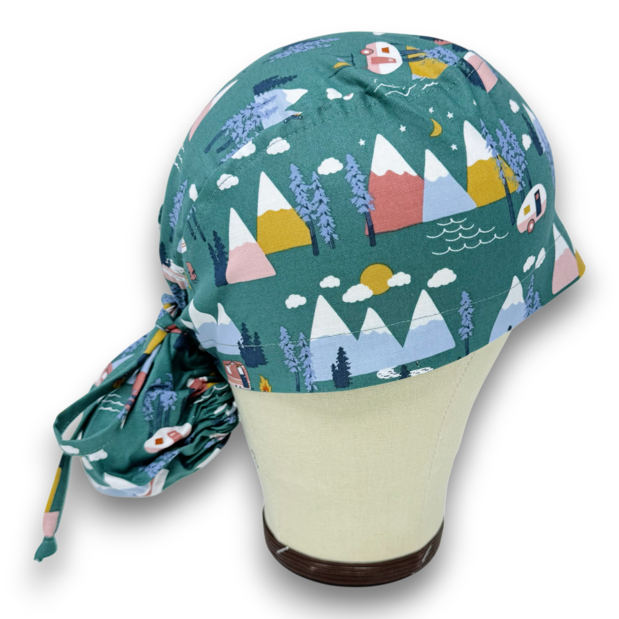 Camping Ponytail scrub cap for women with satin lined option by Paradise Caps.