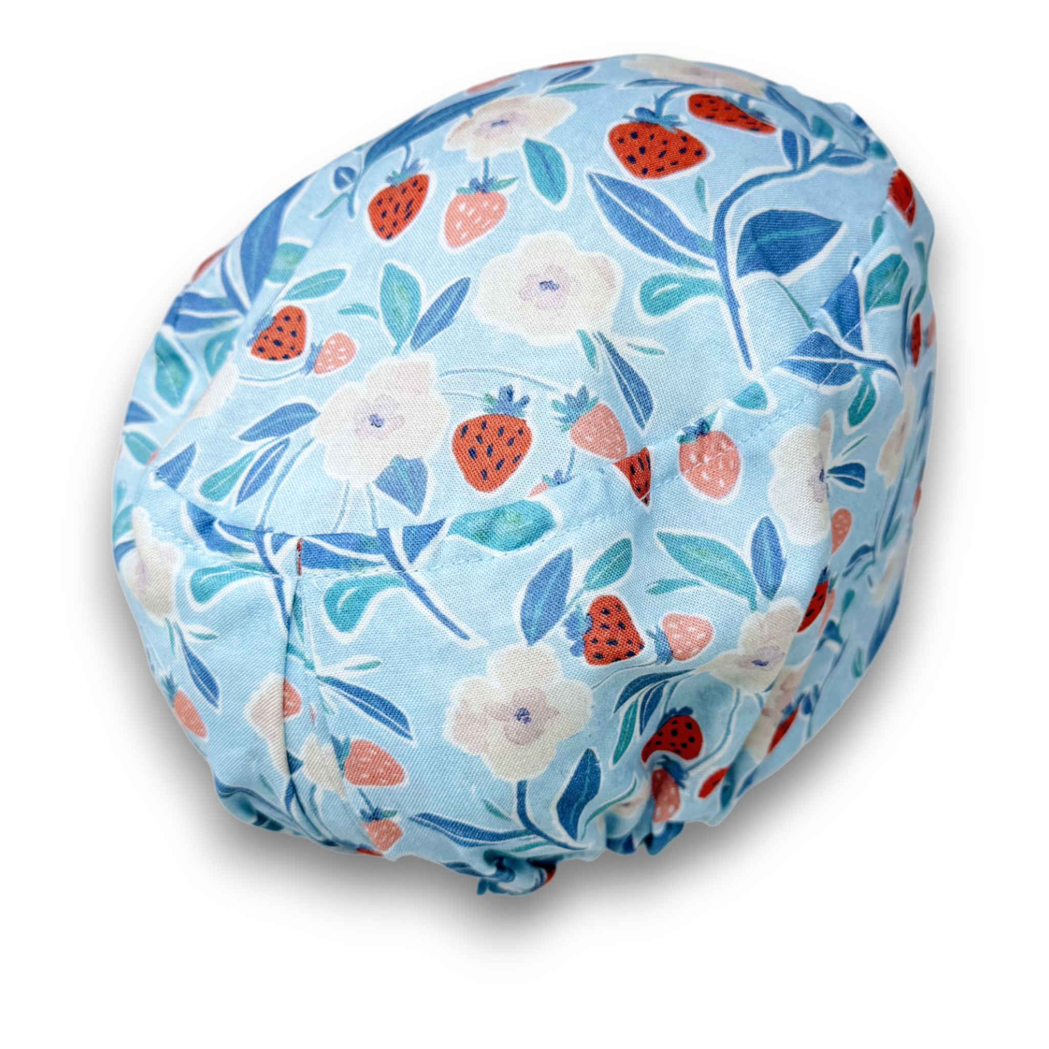 Strawberry Floral Euro Scrub Cap for Women, European surgical hat with satin lined by Paradise Caps. Blue.