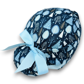 Christmas Euro scrub cap with ties. Winter tree European Surgical cap with Satin Lined option by Paradise Caps. Euro PLUS style. Blue.