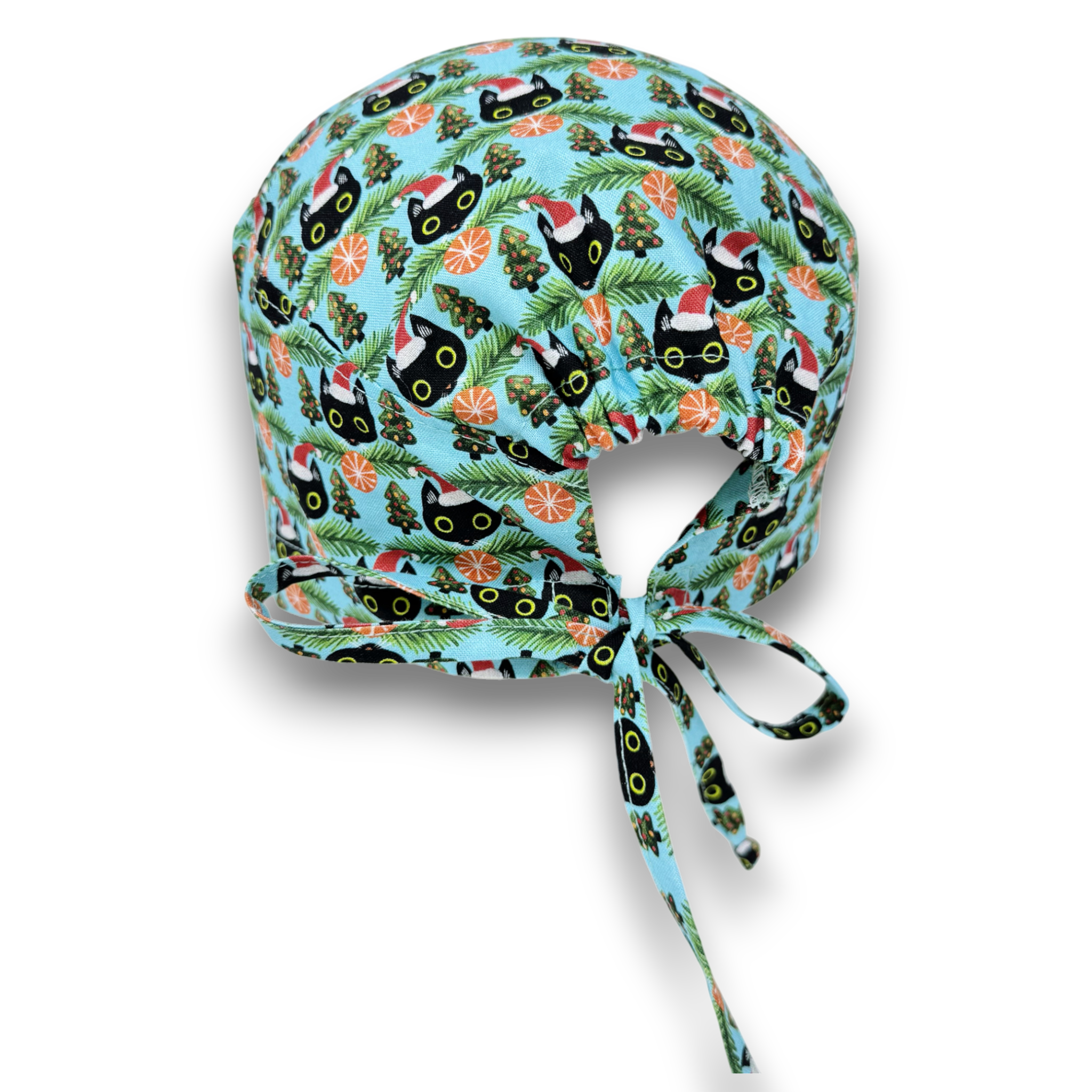 Christmas Cat Skull tie-back style surgical scrub cap for men by Paradise Caps.
