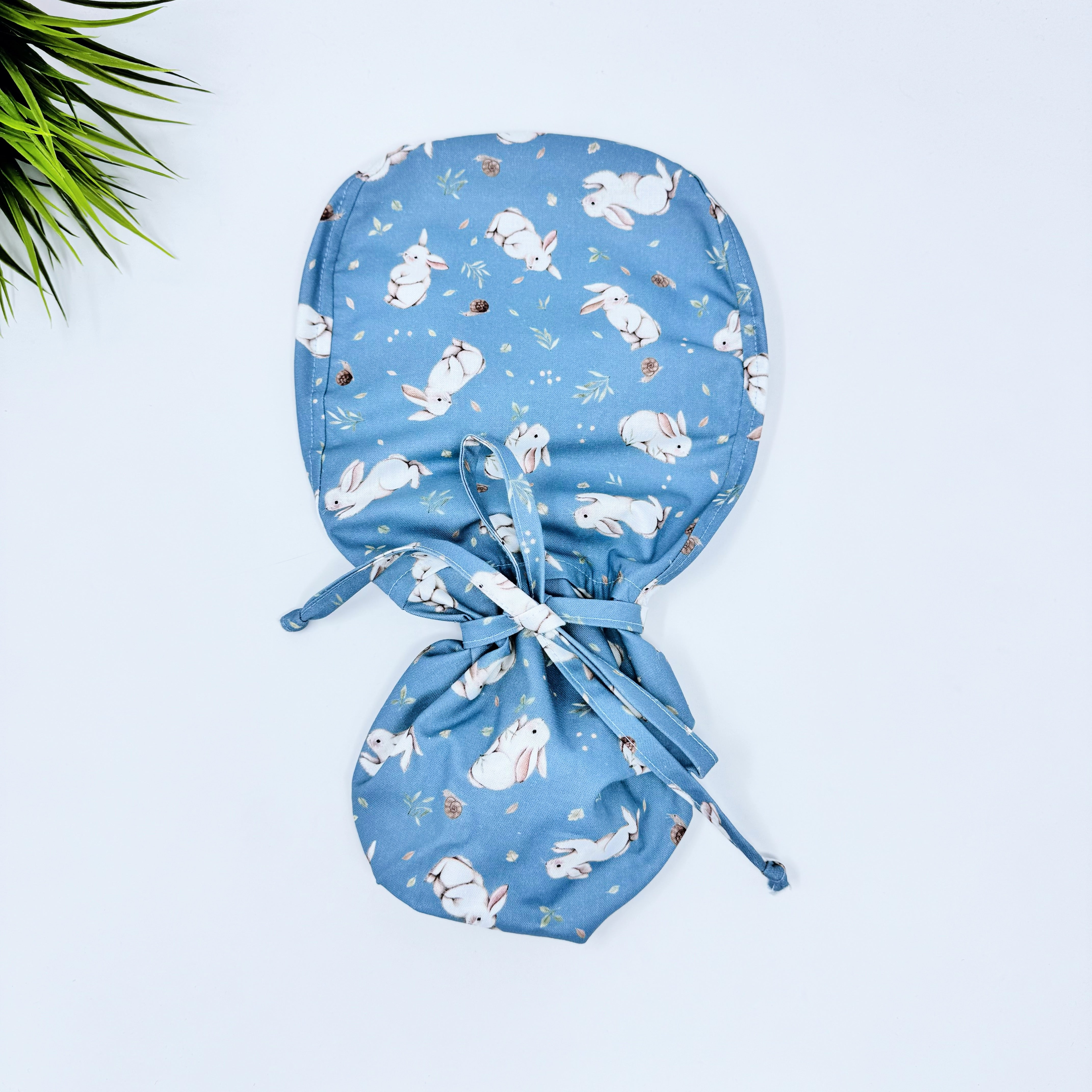 Sage Bunnies Ponytail scrub cap for women with satin lined option by Paradise Caps.