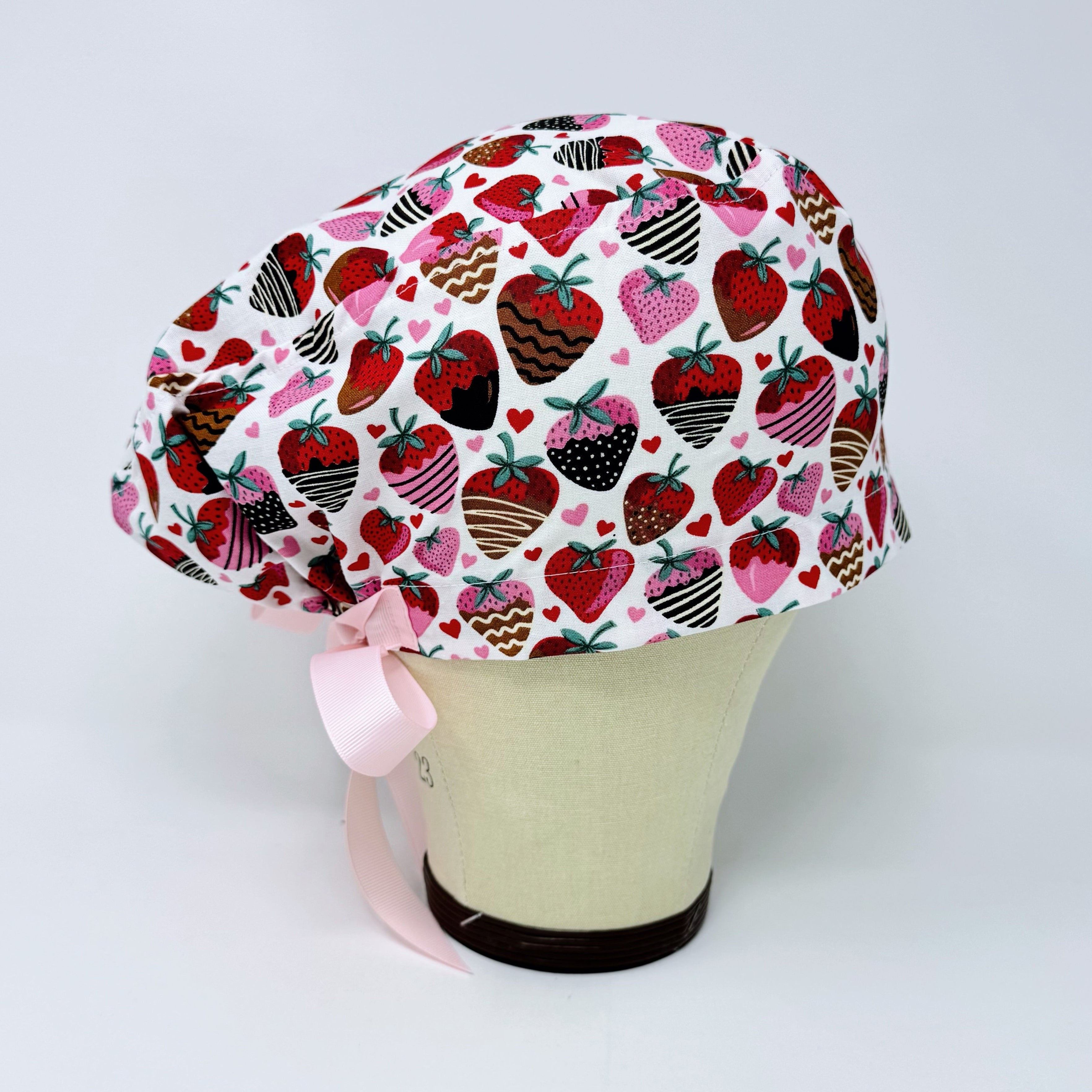 Valentine's day Euro scrub cap with ties for Women, Strawberry European Surgical cap with Satin Lined by Paradise Caps.