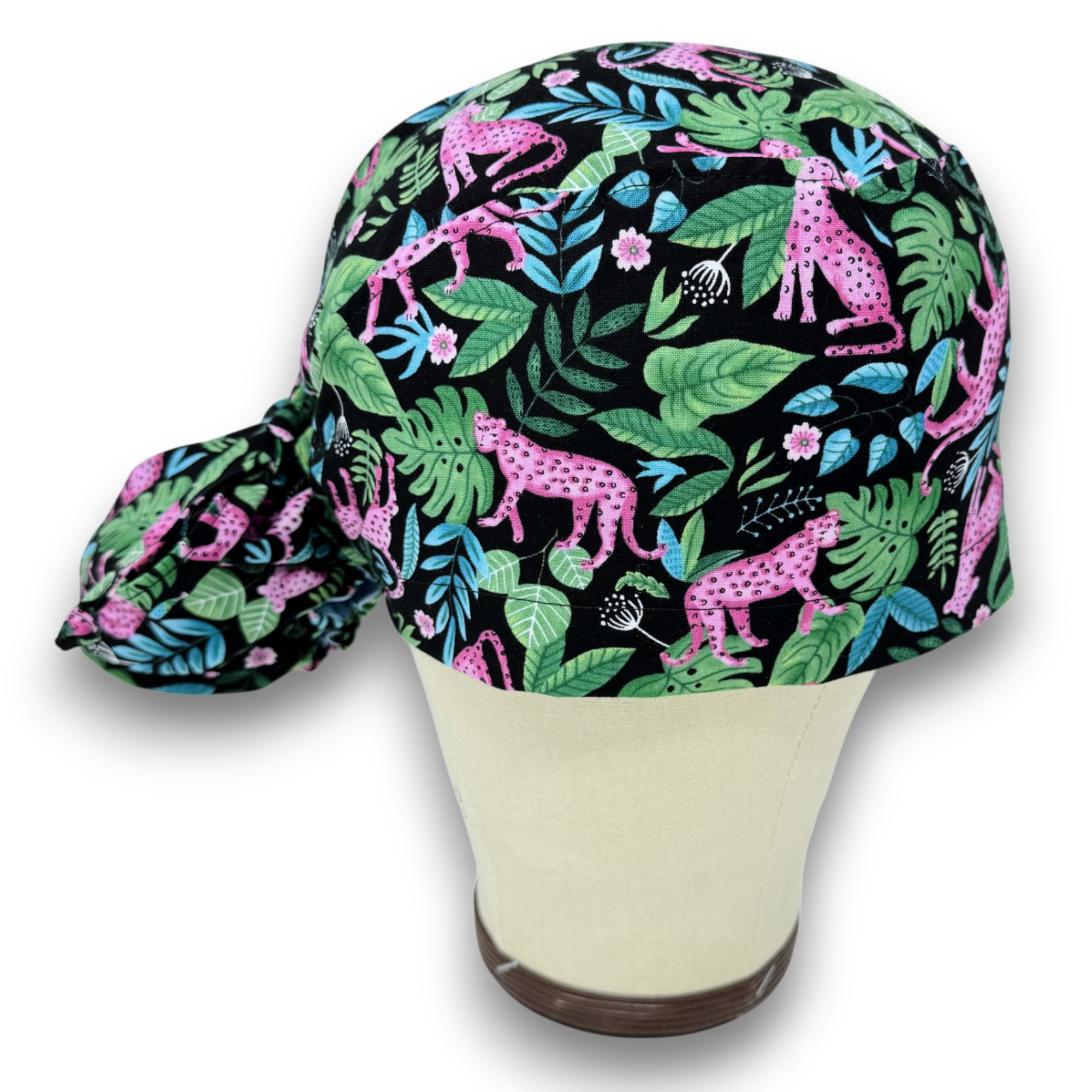 Leopard Ponytail scrub cap for women with satin lined option by Paradise Caps.