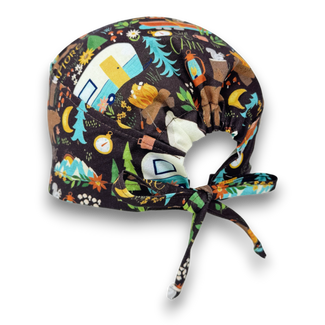 Camping Skull tie-back style surgical scrub cap for men by Paradise Caps.