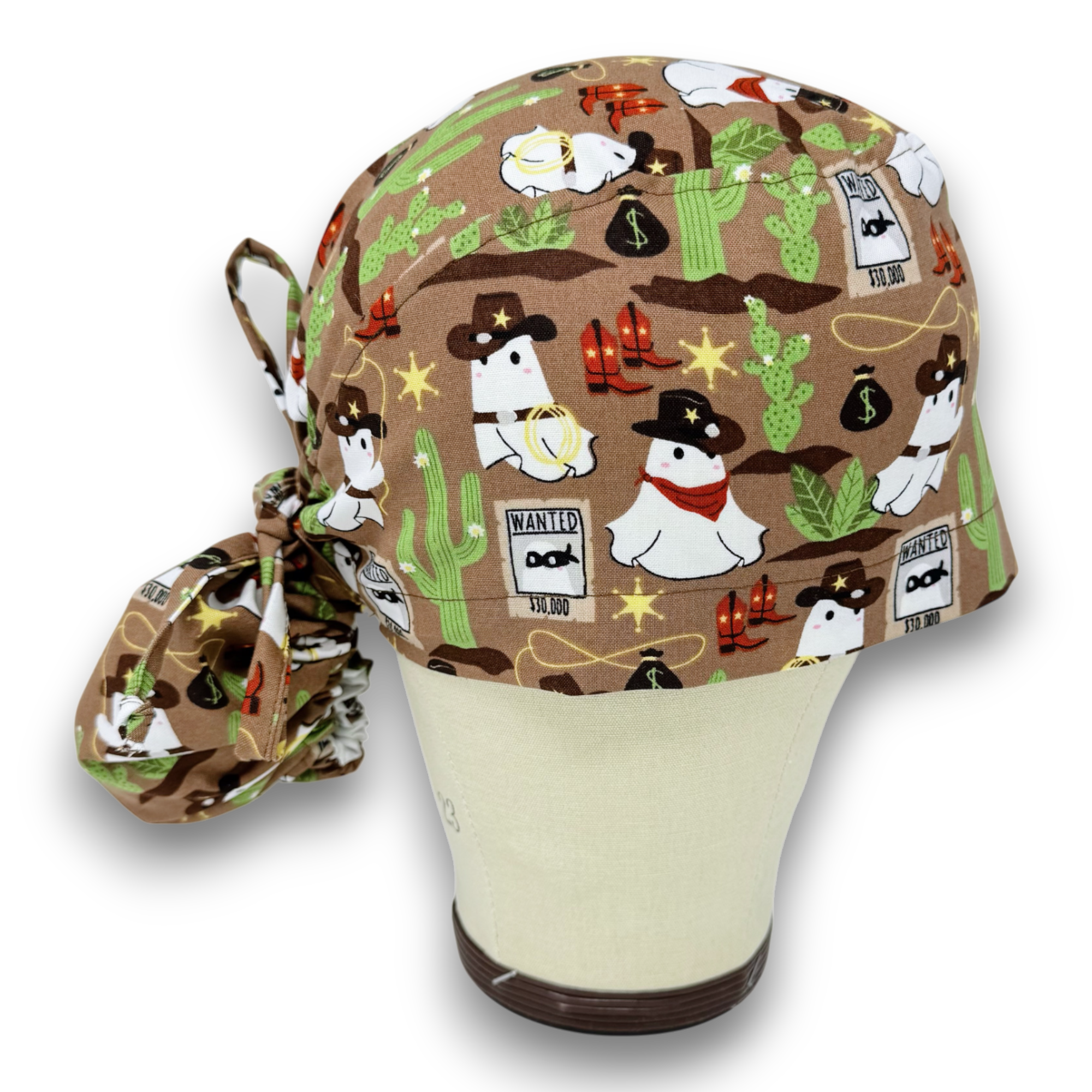 Cowboy Boo ponytail scrub cap, Halloween Surgical hat for women. Satin Lined Option Surgical cap by Paradise Caps.