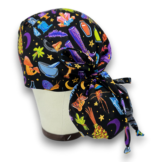 Halloween Witchy Icons Ponytail scrub cap for women with satin lined option by Paradise Caps.