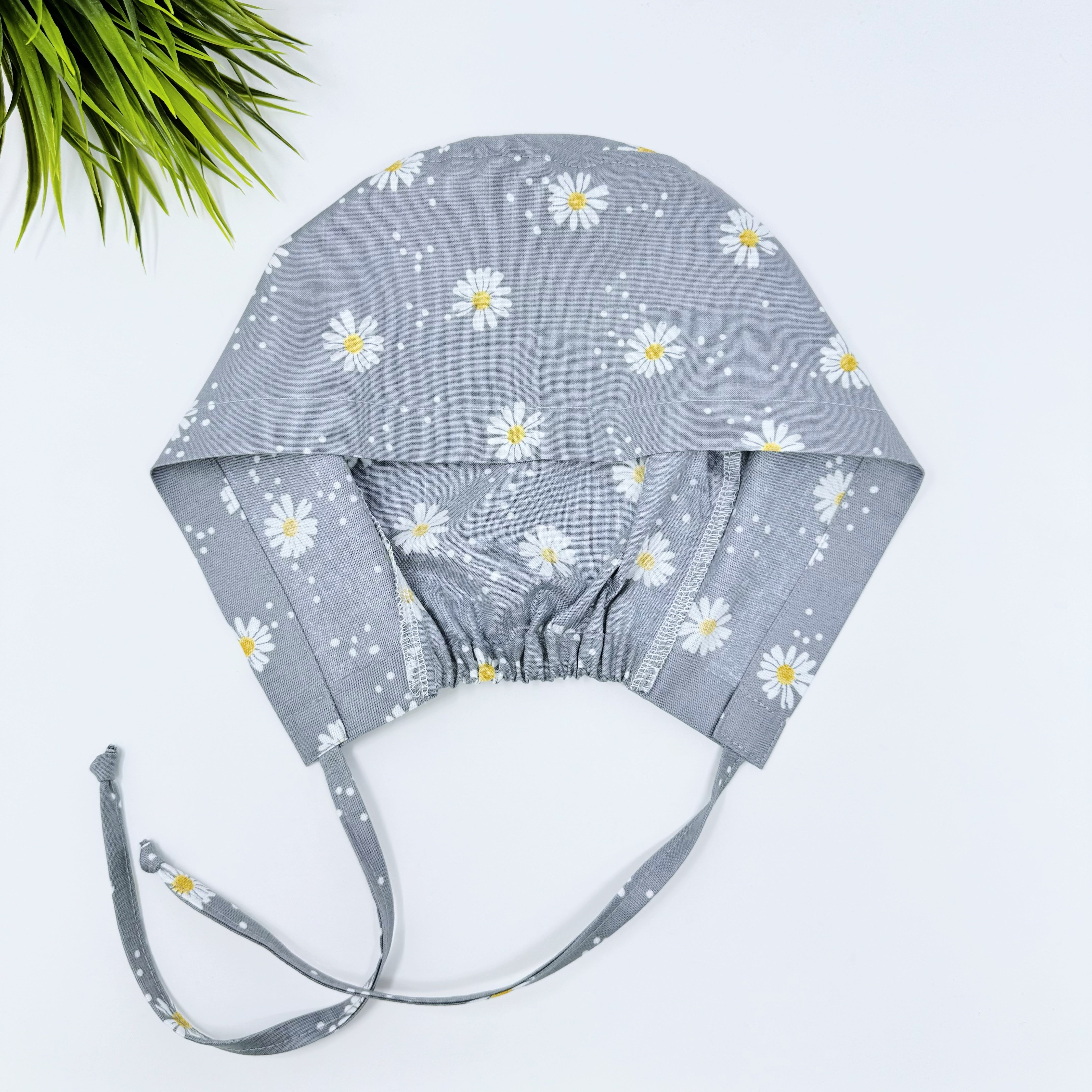 Gray Daisy Dots Skull tie-back style surgical scrub cap for men by Paradise Caps.
