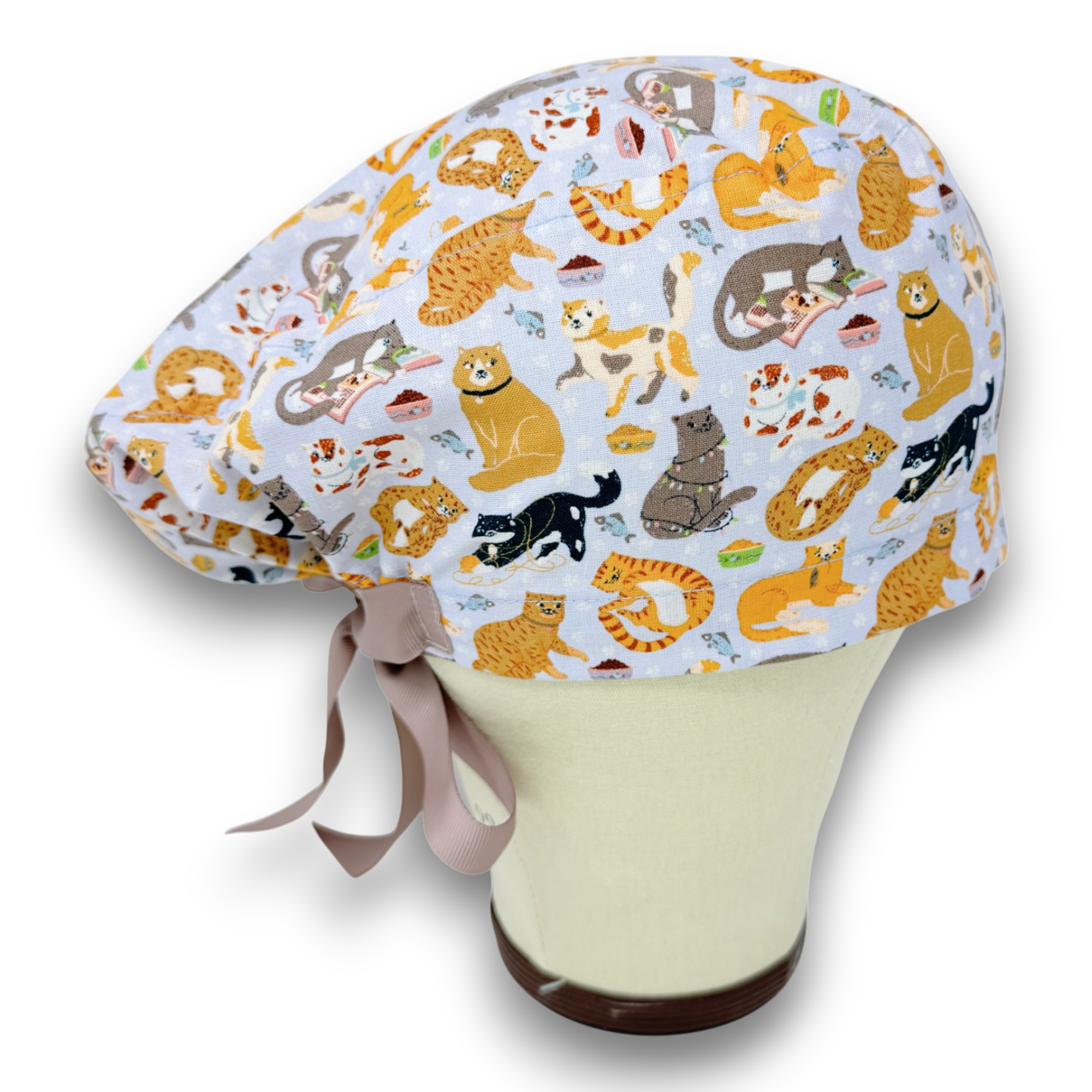 Cat Euro scrub cap with ties for Women by Paradise Caps. Euro PLUS style.