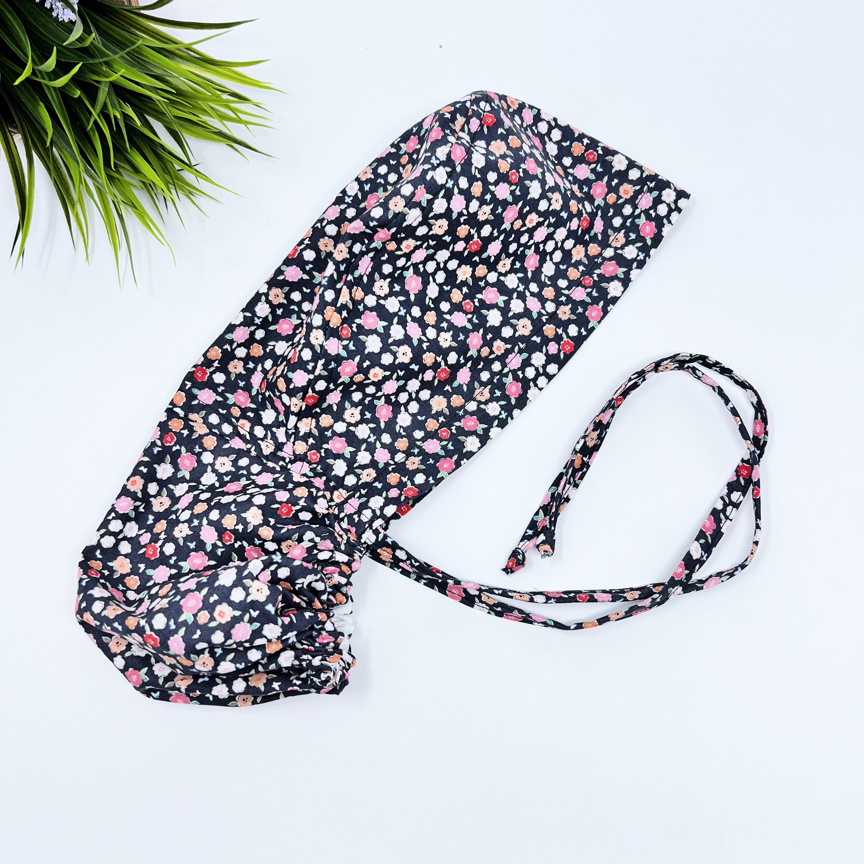 Flowerbed Ponytail scrub cap for women with satin lined option by Paradise Caps.