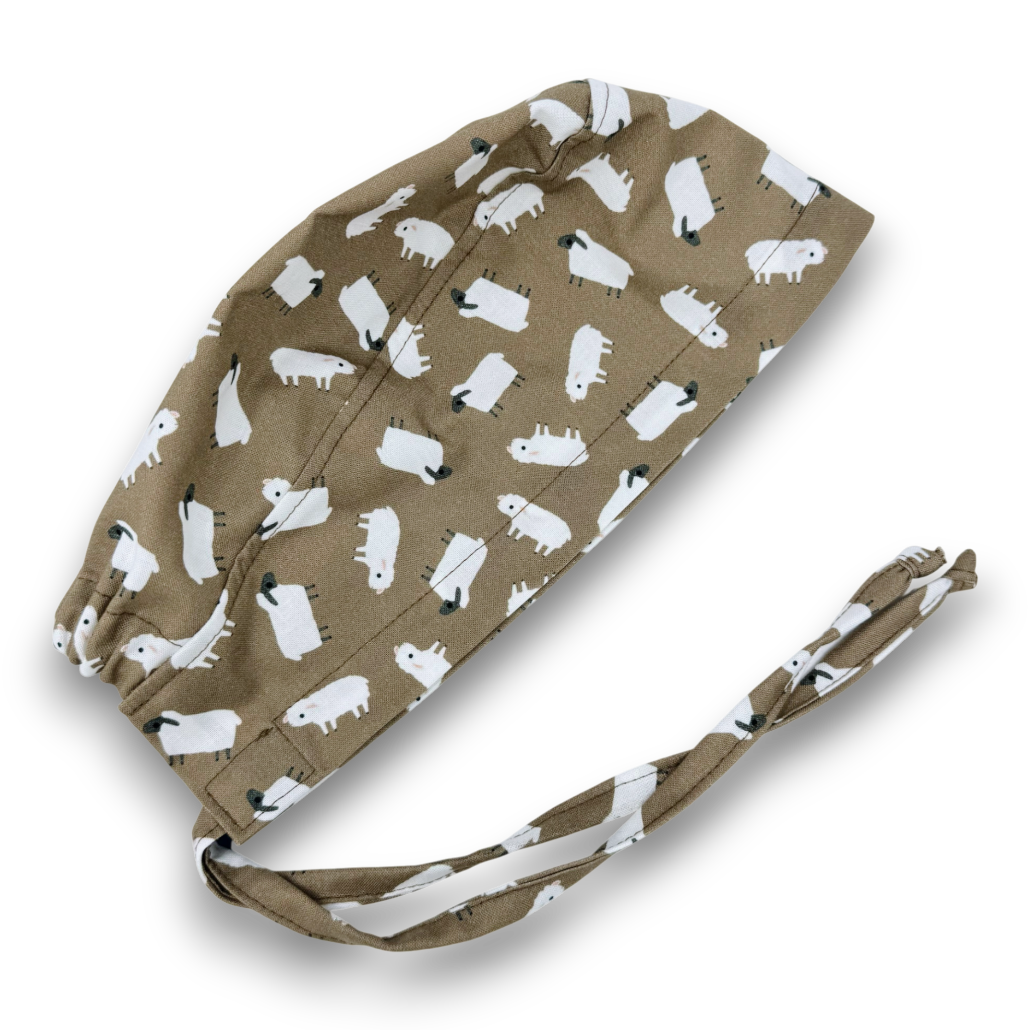 Sheep Men's surgical cap. Farm skull tie-back style scrub cap by Paradise Caps. Brown.
