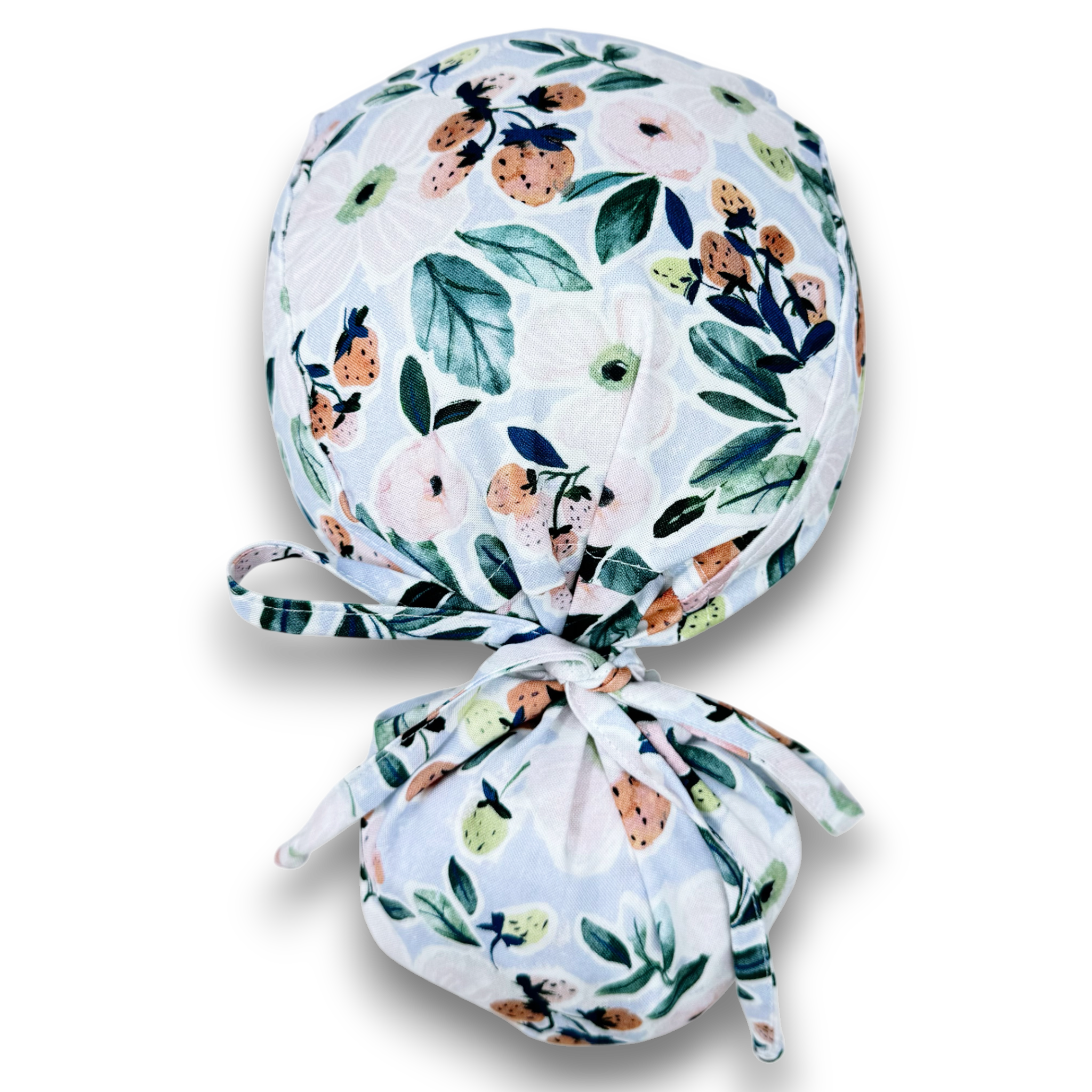 Ponytail scrub cap for women by Paradise Caps. Strawberry Bloom, Satin Lined option Surgical cap with ponytail.