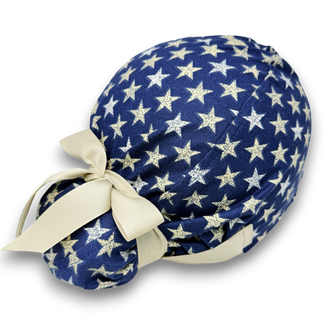 Euro scrub cap with ties for Women. Navy Blue Star European Surgical cap with Satin Lined by Paradise Caps. Euro PLUS style.