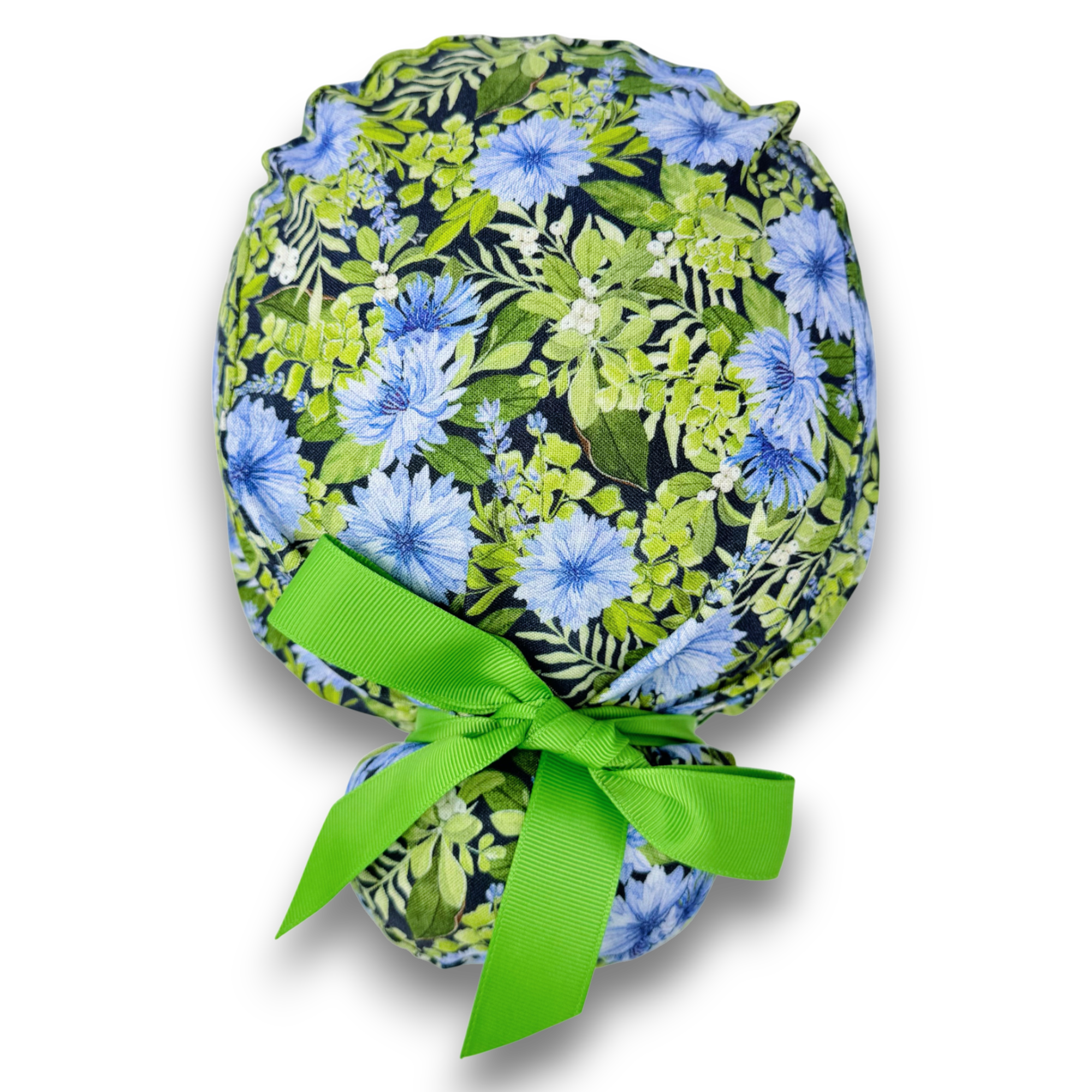 Cornflower Euro scrub cap with ties for Women. Floral European Surgical cap with Satin Lined by Paradise Caps.