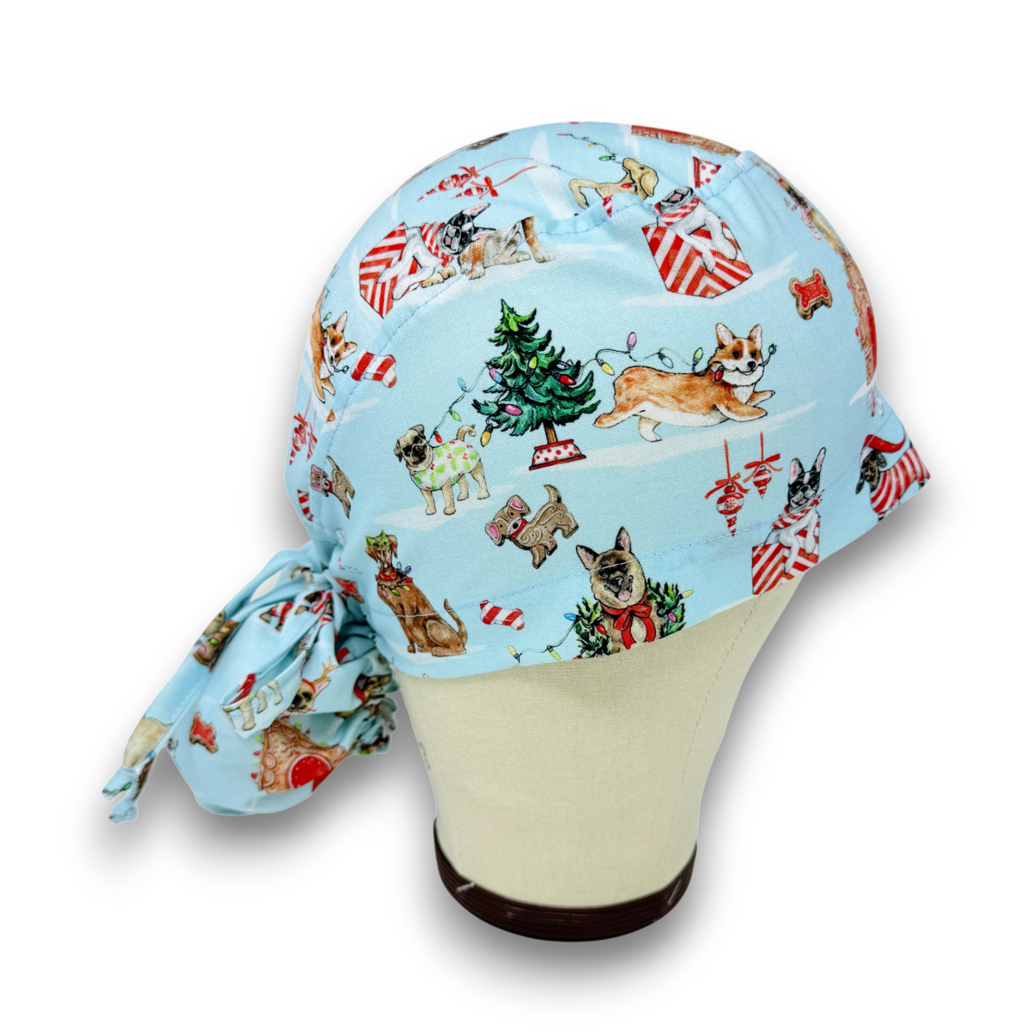 Christmas Dogs Ponytail scrub cap for women with satin lined option by Paradise Caps.