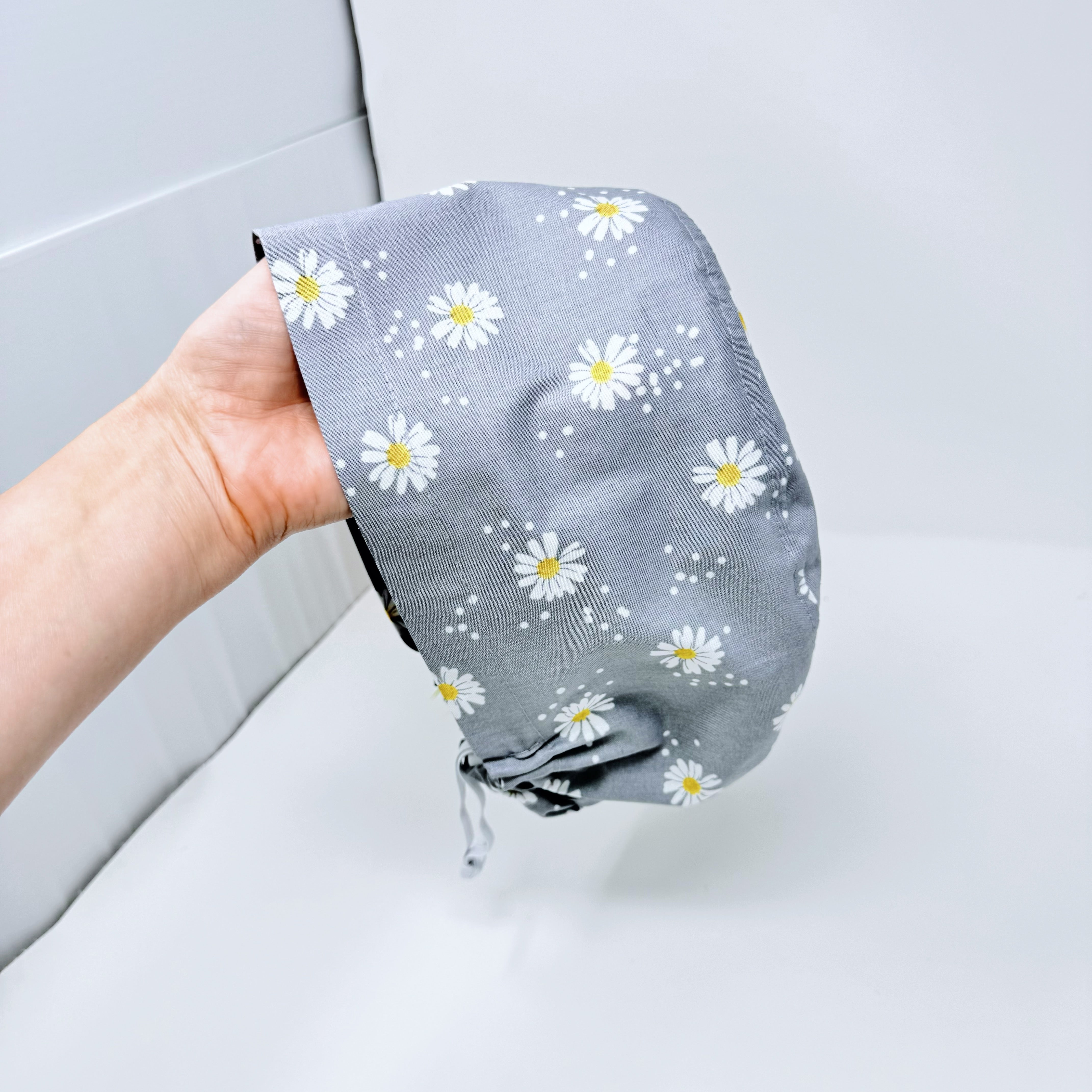 Gray Daisy Dots Euro Scrub Cap for Women with Satin Lined Option by Paradise Caps.