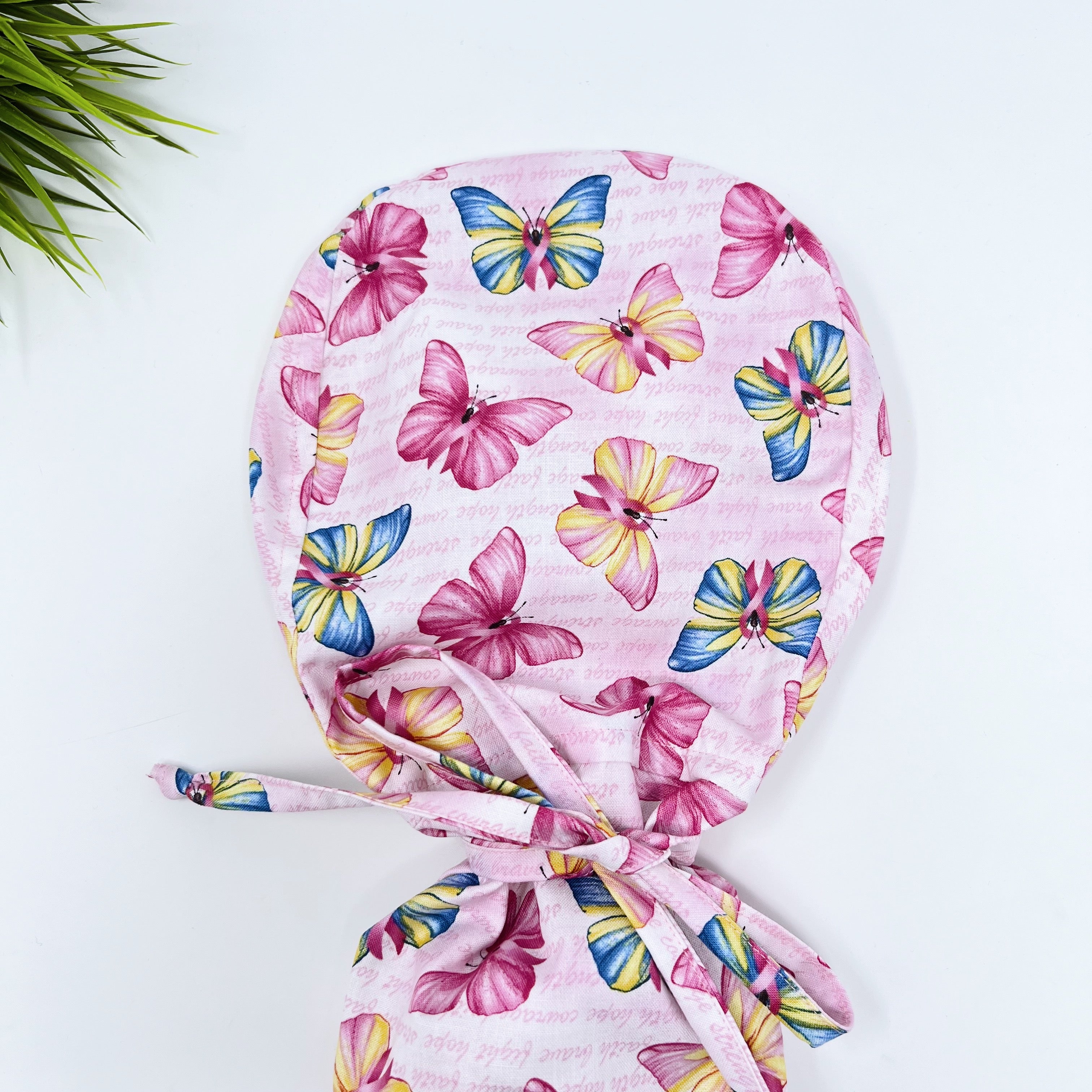 Butterflies Ponytail scrub cap for women with satin lined option by Paradise Caps.