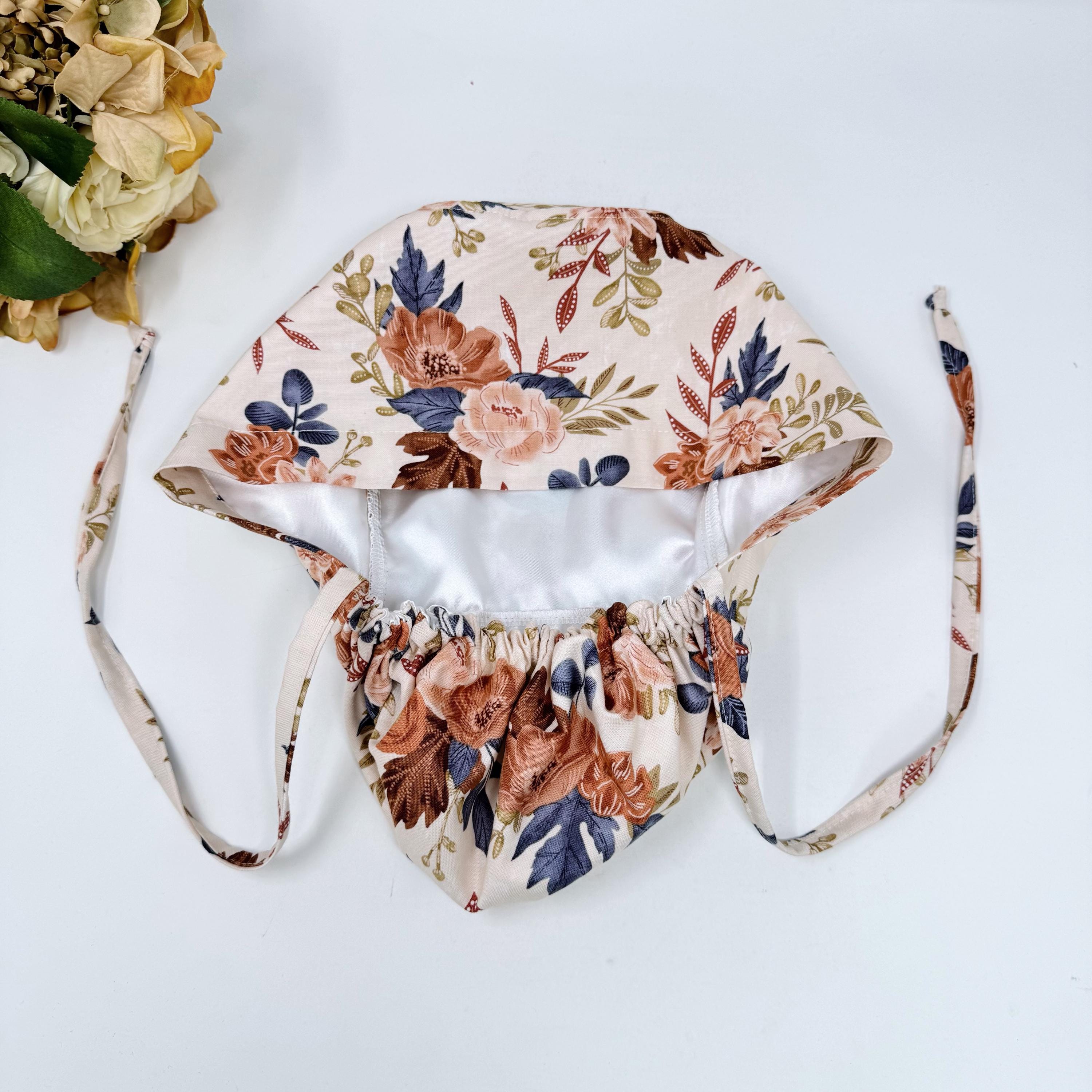 Floral Ponytail scrub cap for women. Thanksgiving Surgical hat. Fall Surgical cap with Satin Lined Option by Paradise Caps.