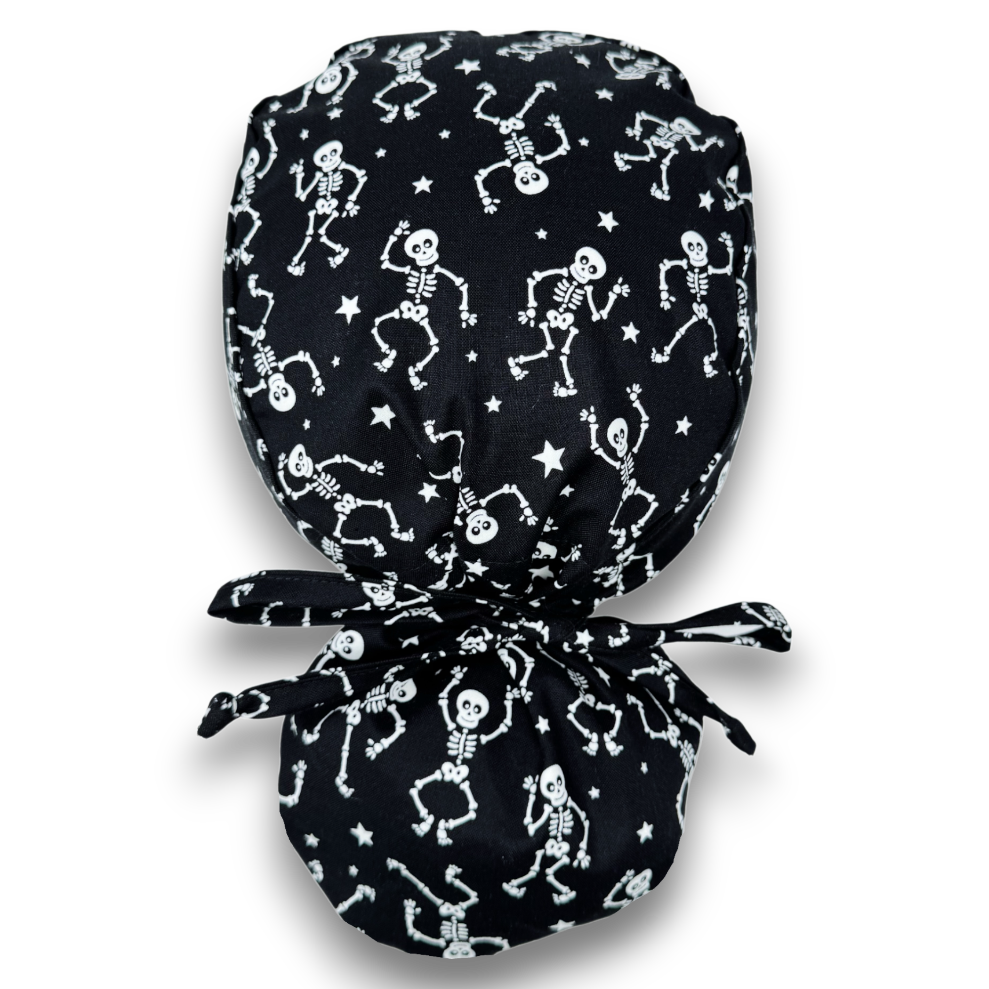 Dancing Skeletons Ponytail scrub cap for women with satin lined option by Paradise Caps.