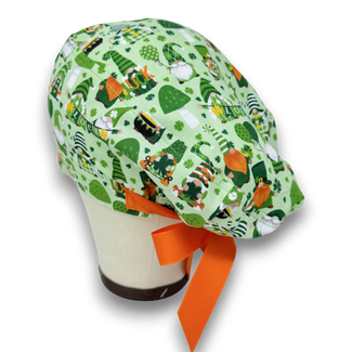 Euro scrub cap with ties for Women. St. Patrick’s Day Gnome European Surgical cap with Satin Lined option by Paradise Caps. Euro PLUS style.