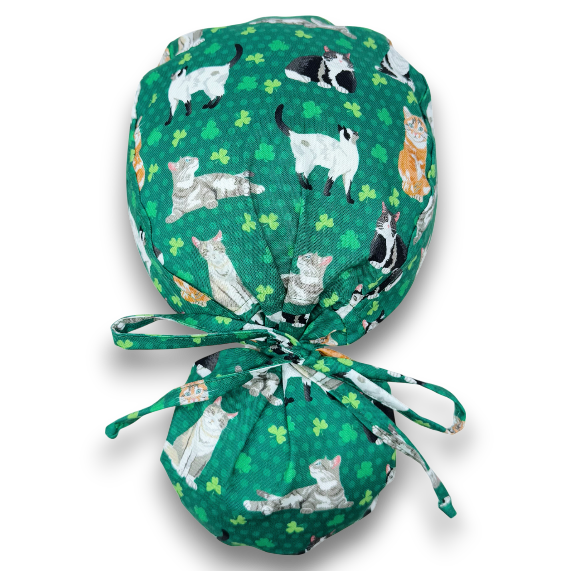 St. Patrick’s Day Ponytail scrub cap for women with satin lined option by Paradise Caps.