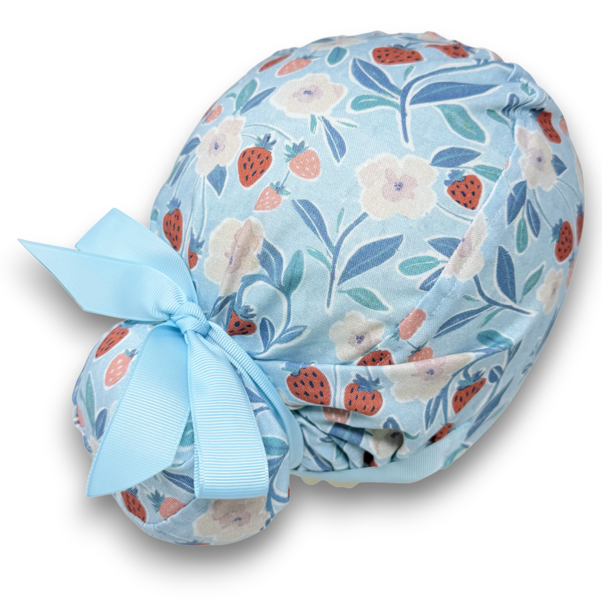 Strawberry Floral Euro scrub cap with ties for Women, Blue European Surgical cap with Satin Lined by Paradise Caps. Euro PLUS style.