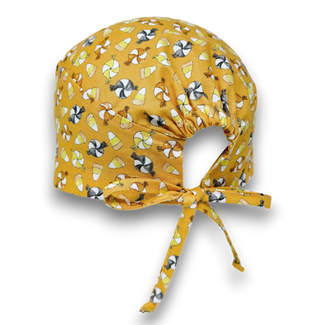 Candy Corn Skull tie-back style surgical scrub cap for men by Paradise Caps.