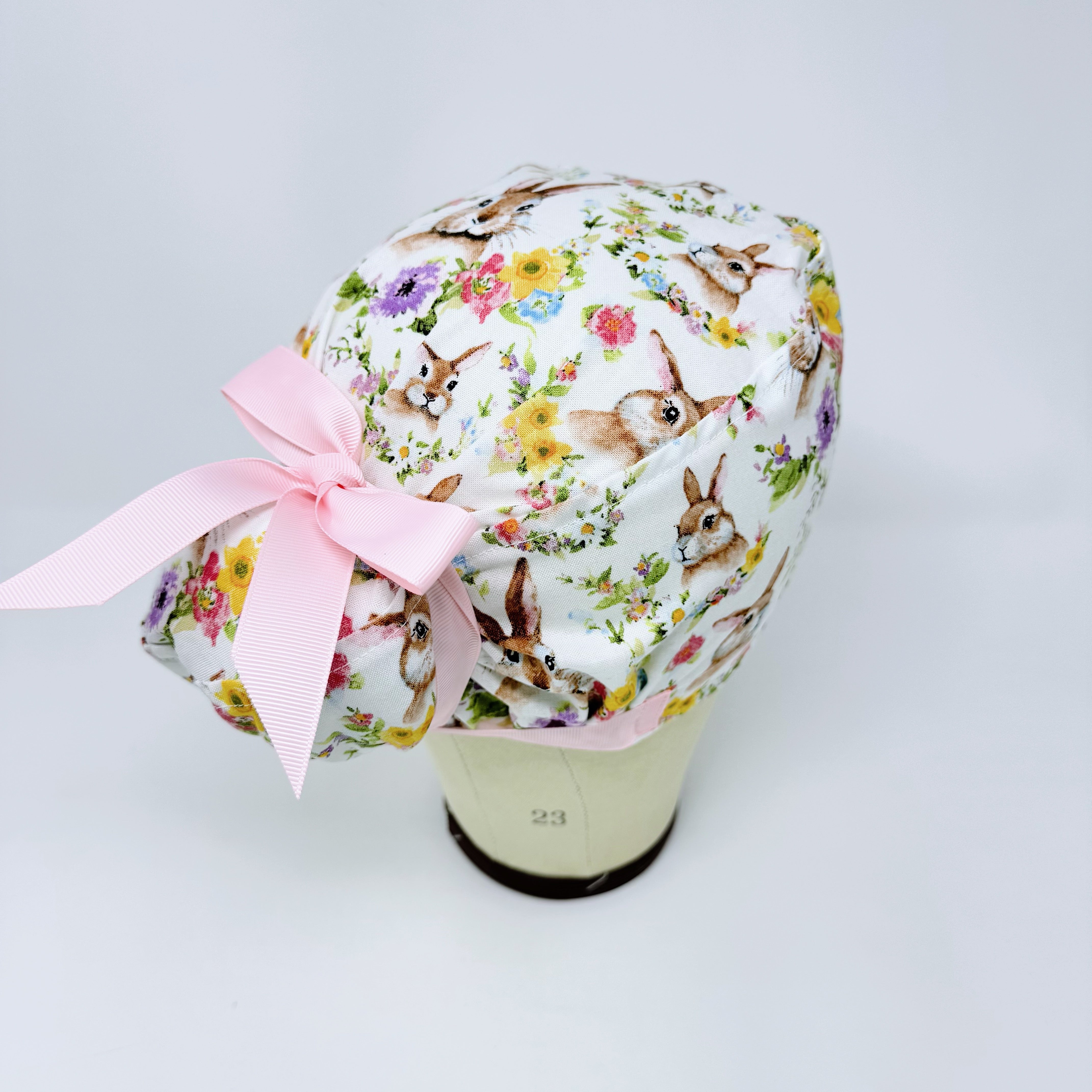 Easter Euro scrub cap with ties for Women, Bunny European Surgical cap with Satin Lined by Paradise Caps.